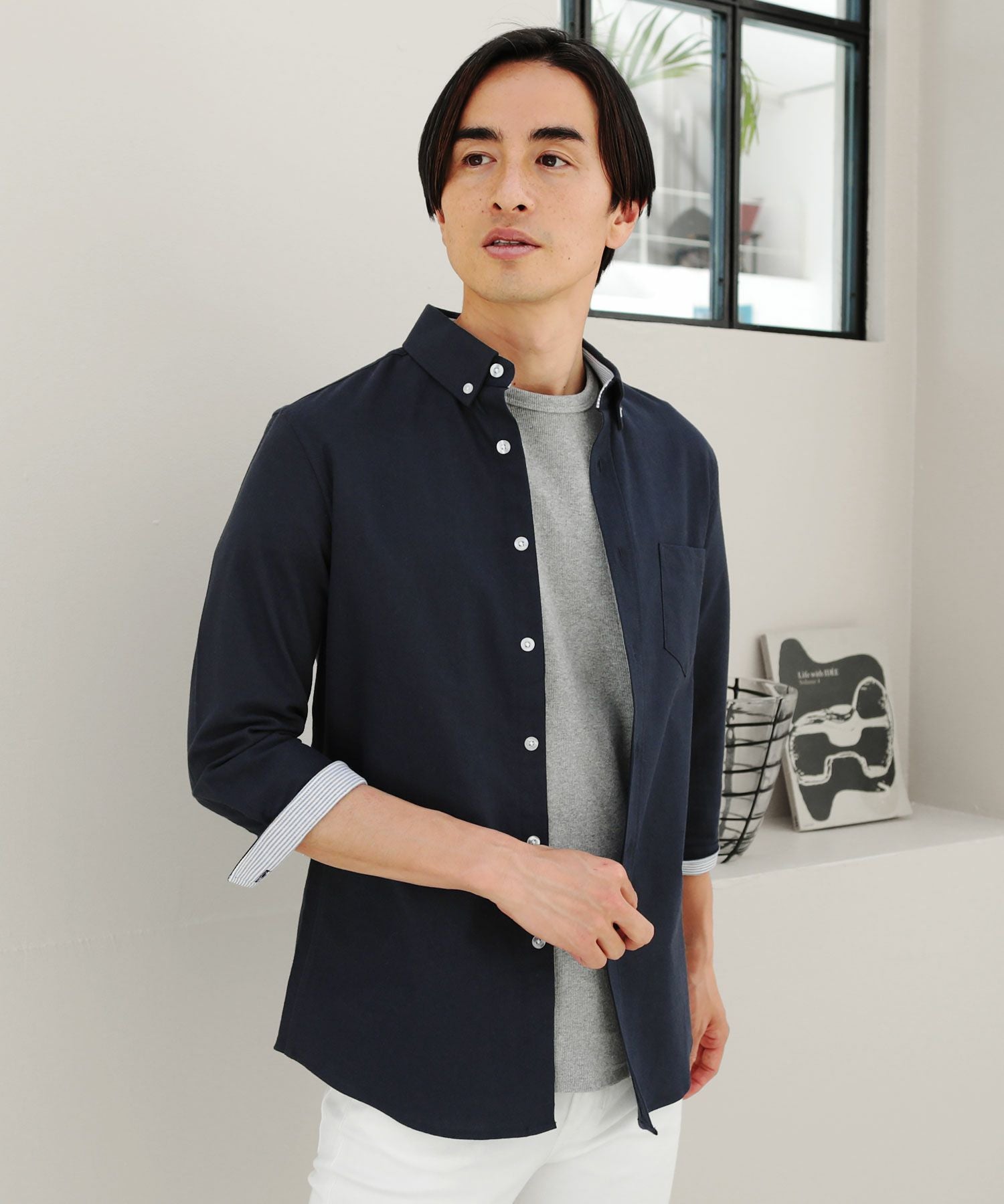 ボタンダウン先染めオックスフォードストレッチ半袖・7分袖シャツ