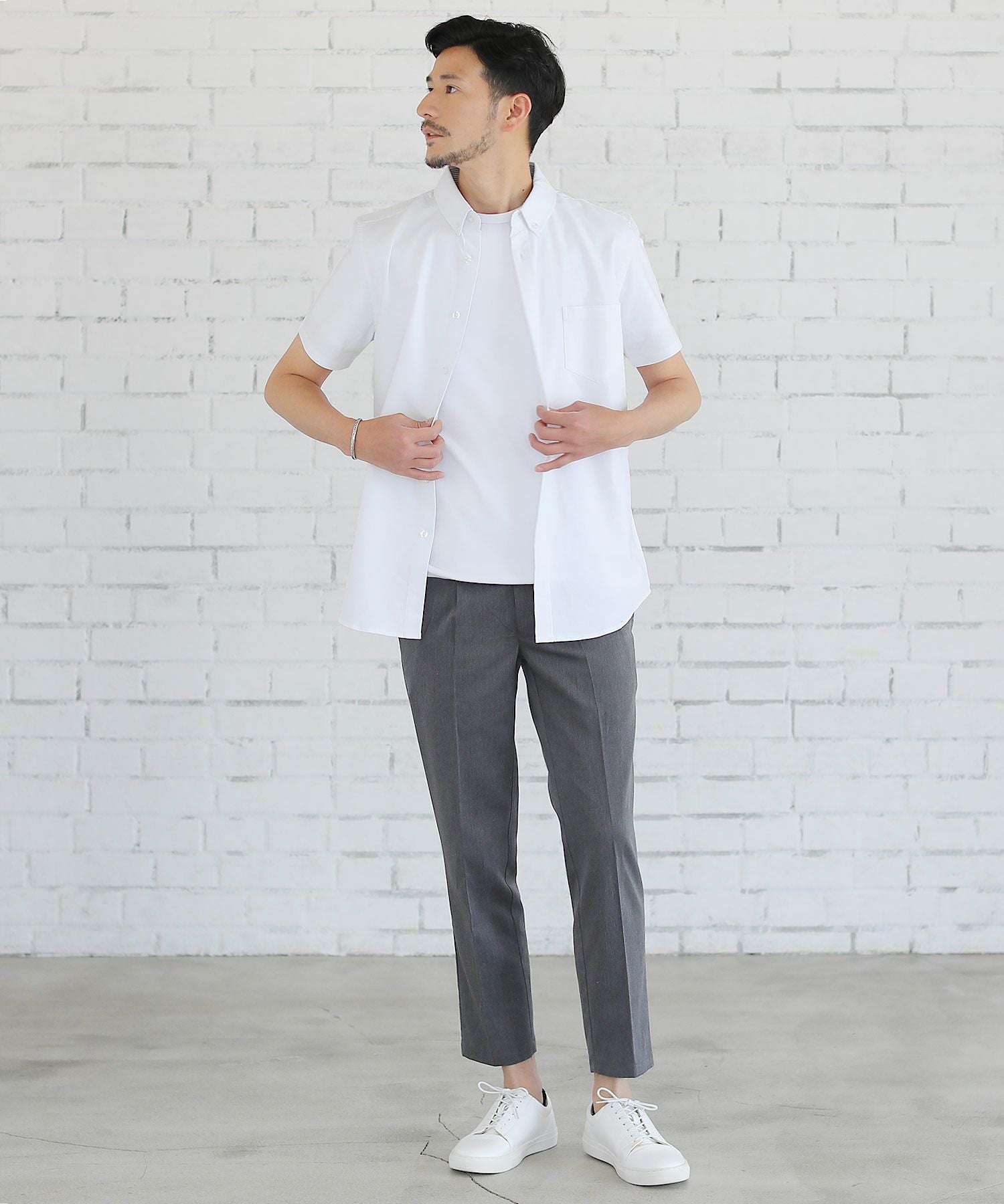 ボタンダウン先染めオックスフォードストレッチ半袖・7分袖シャツ