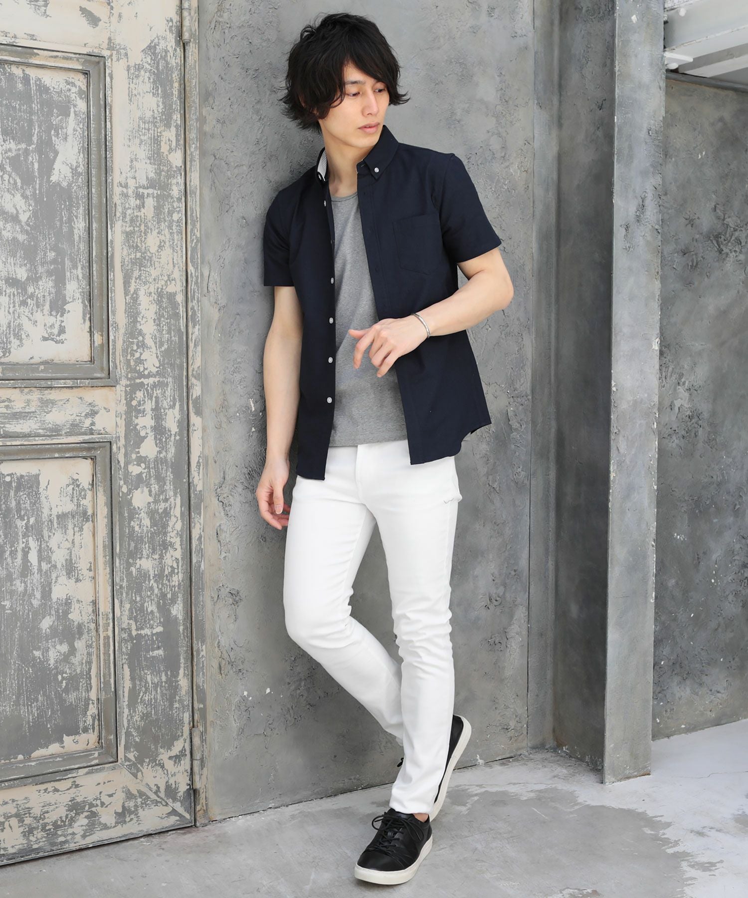 ボタンダウン先染めオックスフォードストレッチ半袖・7分袖シャツ