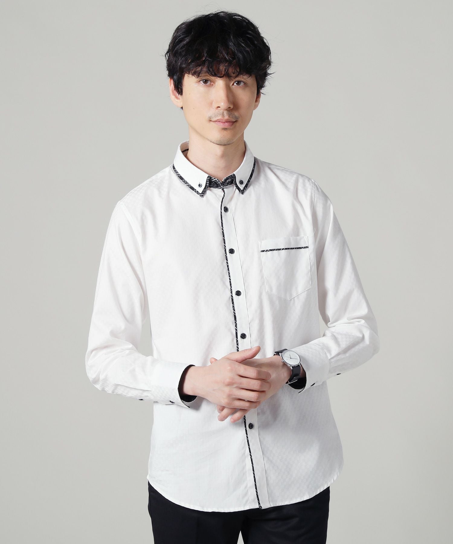 シャドーチェックダブルカラーボタンダウン形態安定長袖シャツ