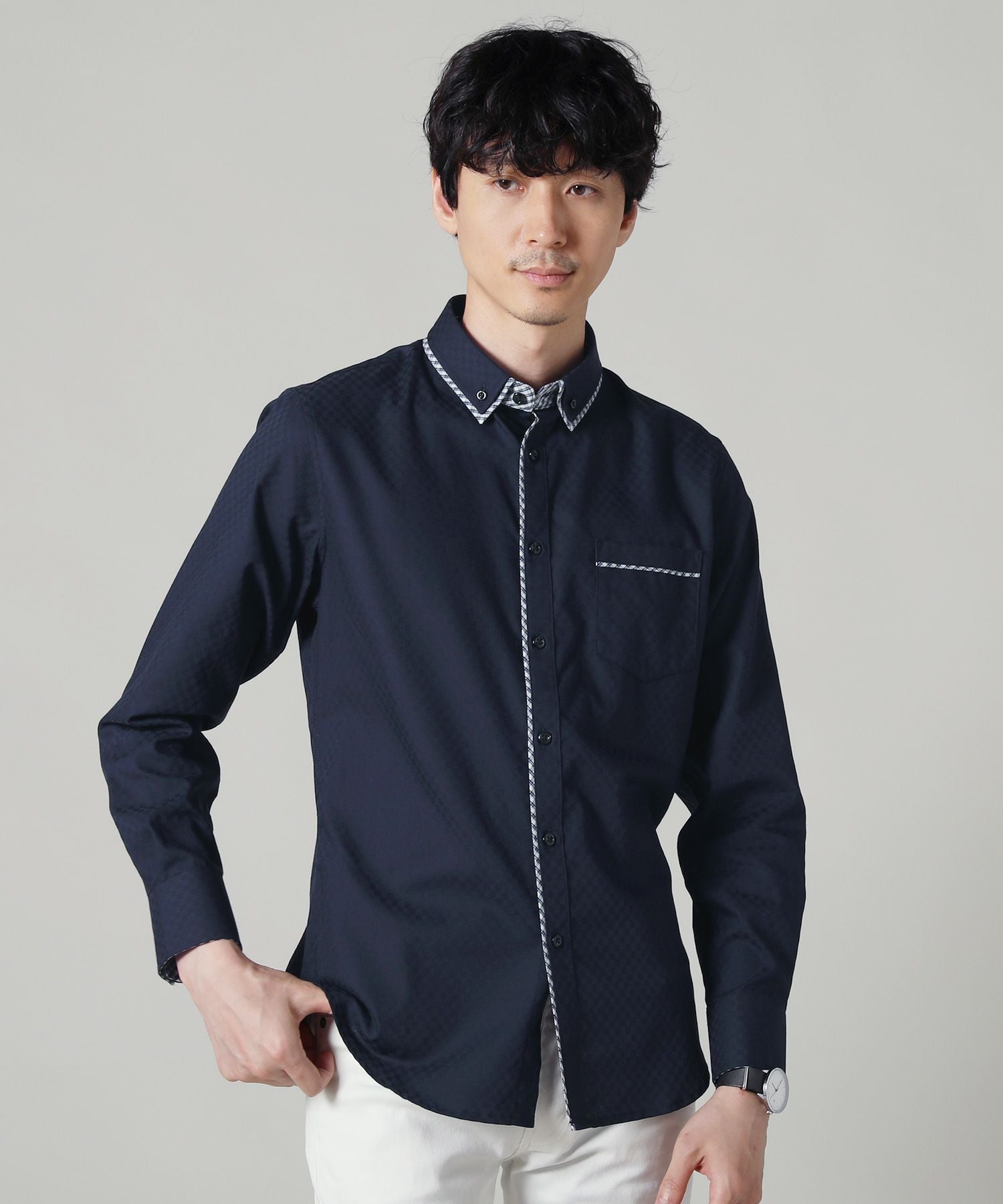 シャドーチェックダブルカラーボタンダウン形態安定長袖シャツ