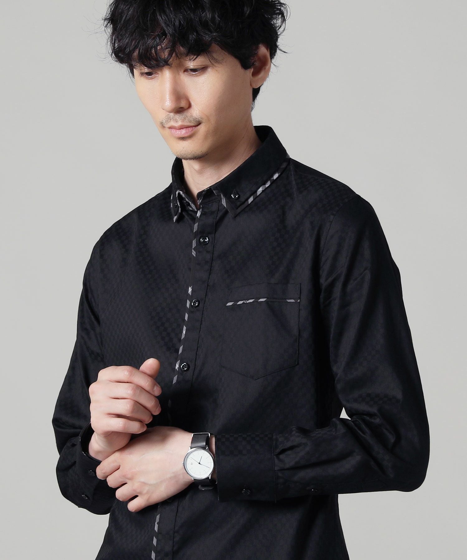 シャドーチェックダブルカラーボタンダウン形態安定長袖シャツ