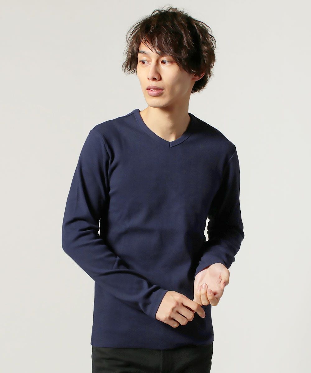 STONE  ネイビー Vネック 長袖カットソー スパンテレコクルーネック/Vネック/ヘンリーネック長袖カットソー