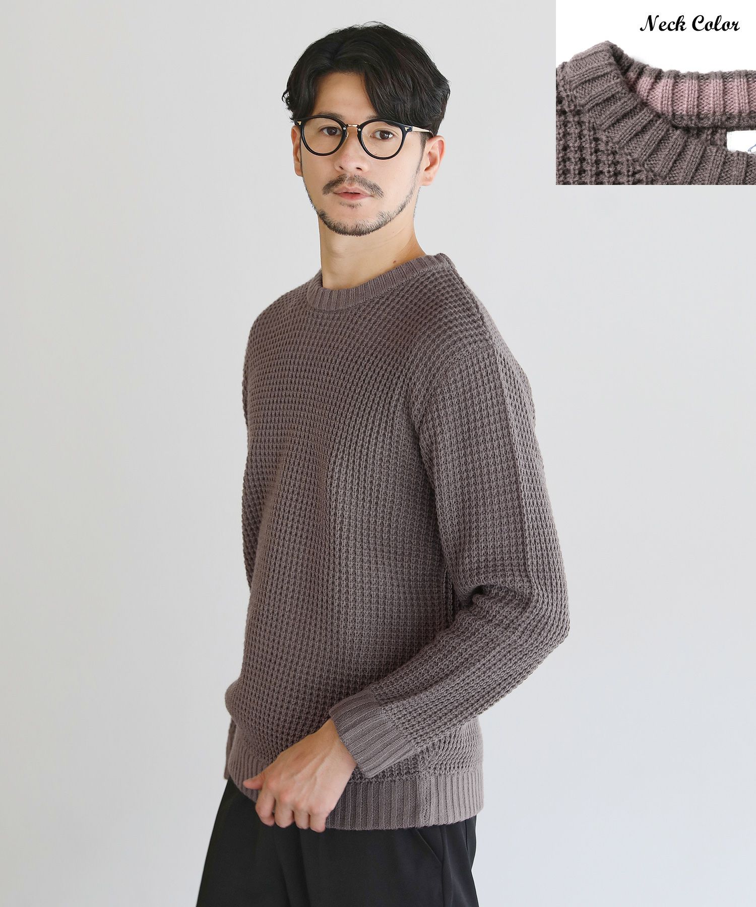 アンチピリングワッフル編みクルーネック長袖ニット | 【公式】SPU