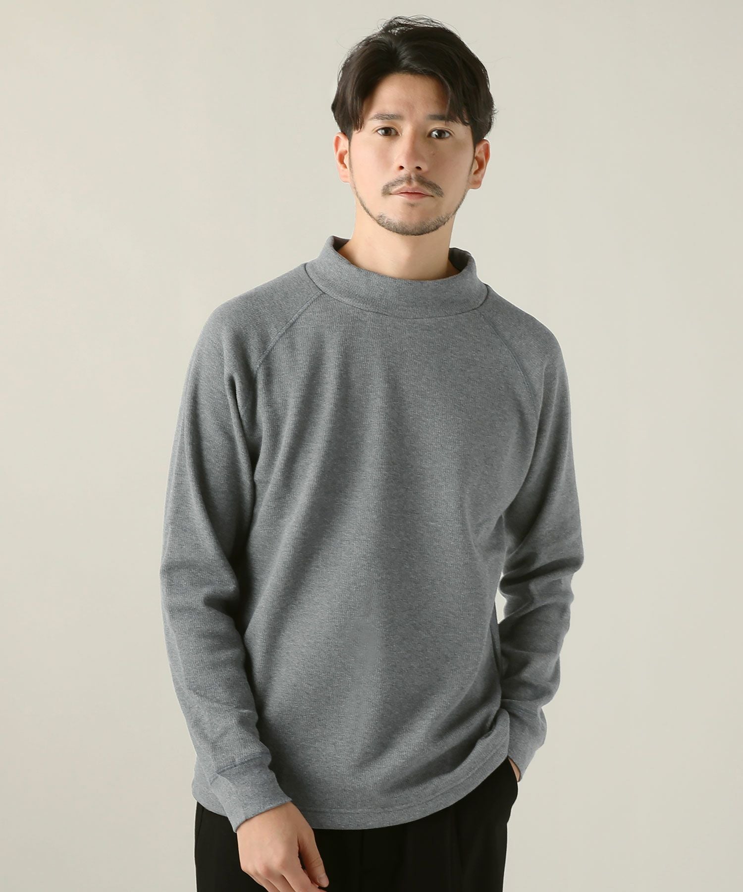 日本製ボンバーヒートハニカムサーマルラグランスリーブモックネック