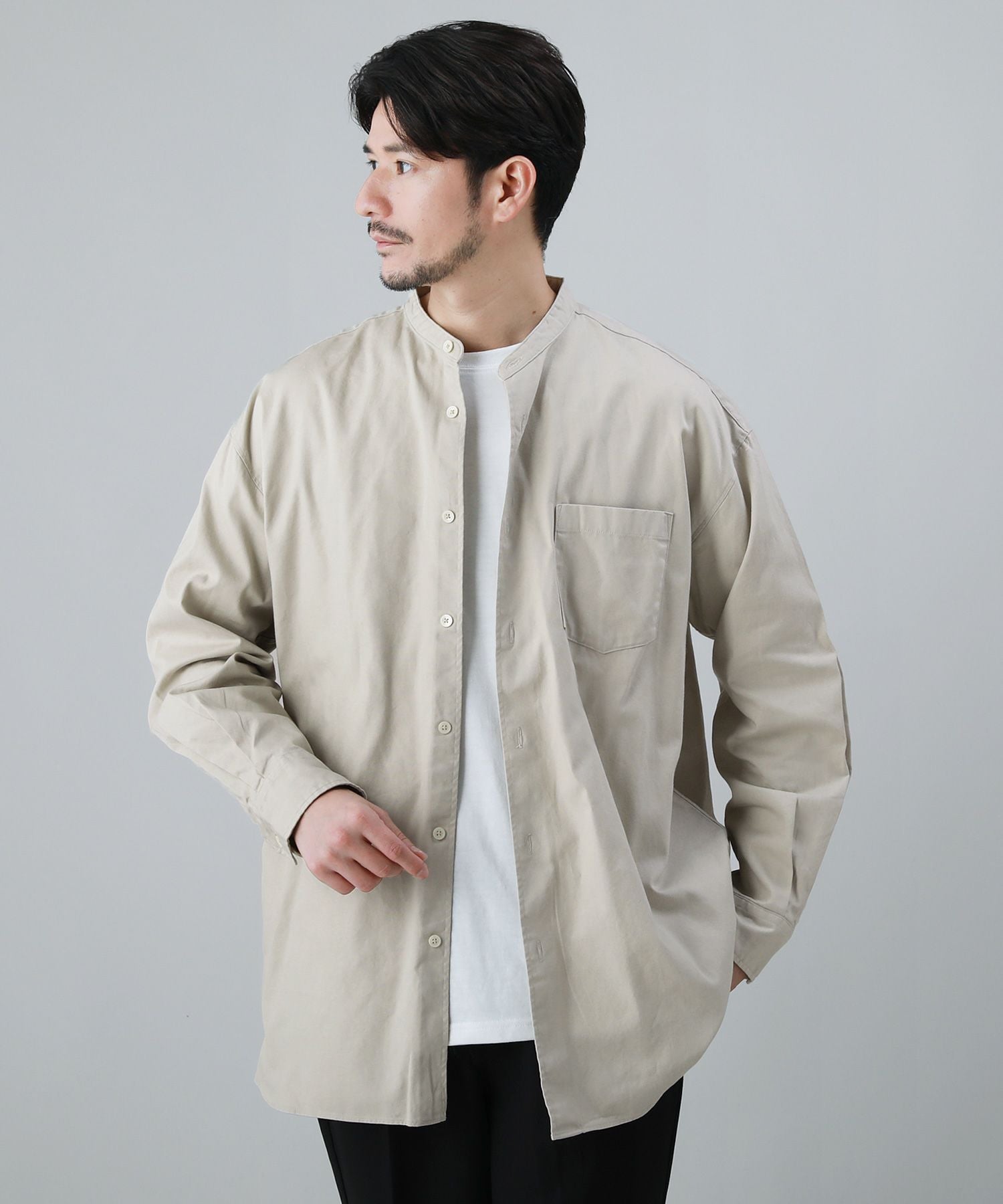 日本製6オンスオックスフォードバンドカラー長袖ボクシーシャツ