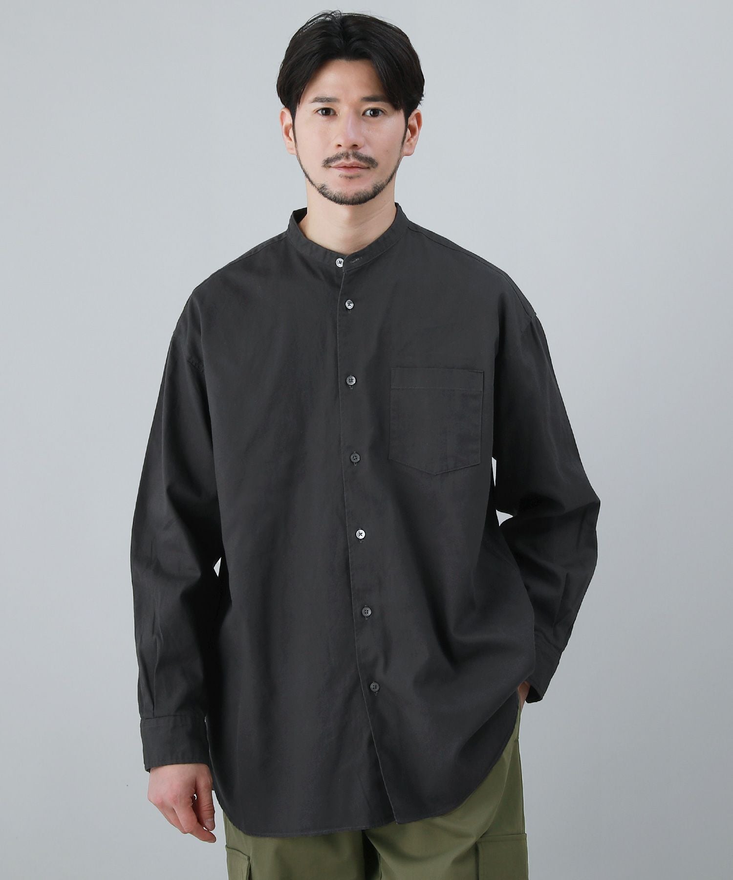 日本製6オンスオックスフォードバンドカラー長袖ボクシーシャツ