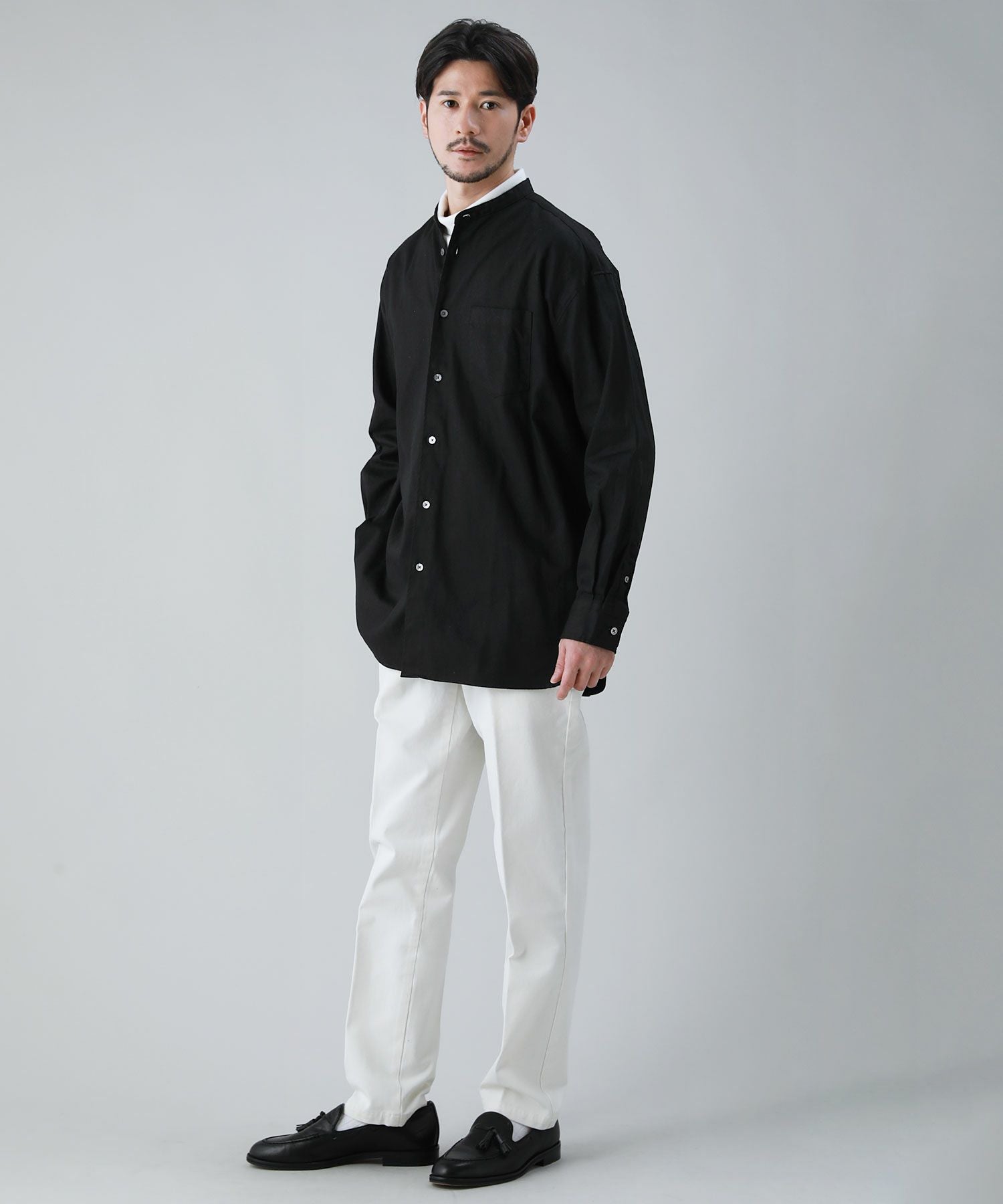 日本製6オンスオックスフォードバンドカラー長袖ボクシーシャツ