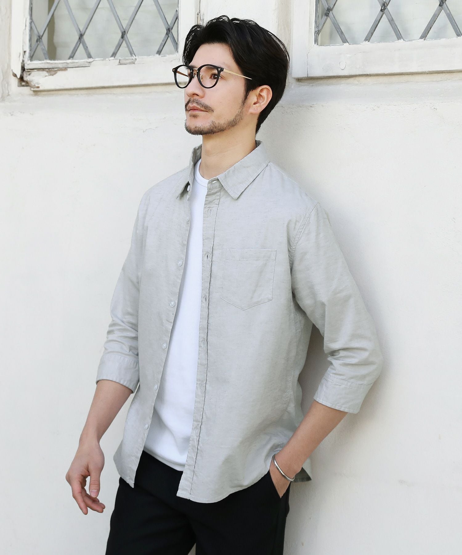 メール便対応】 先染め綿麻ストレッチレギュラーカラー七分袖シャツ