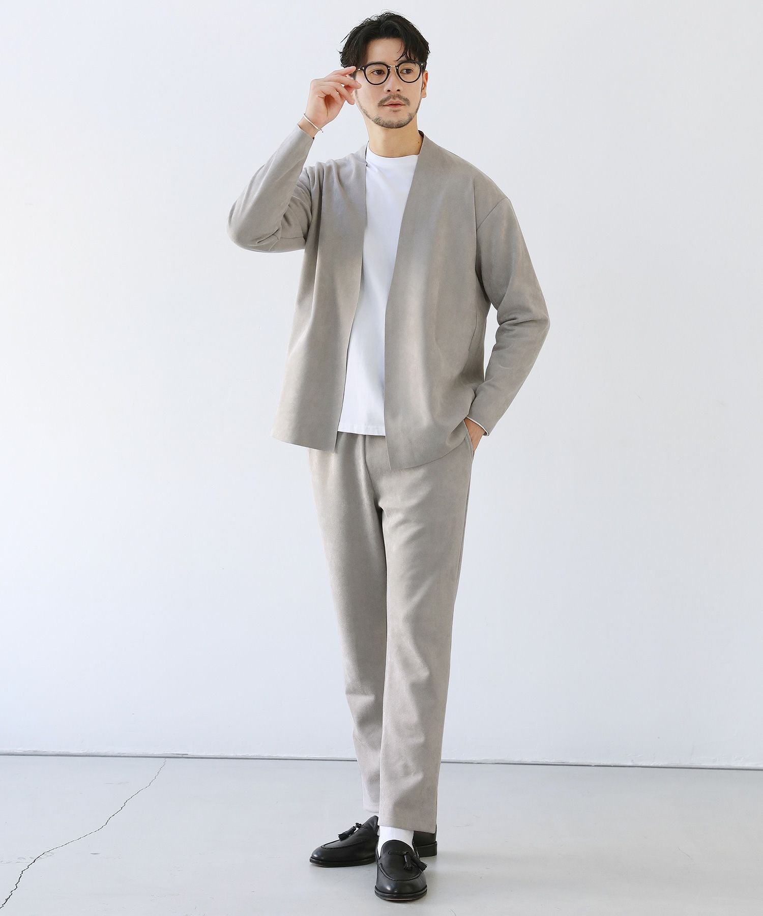 ピーチスキンポンチ/杢ポンチ ノーカラーカーディガン＆テーパード