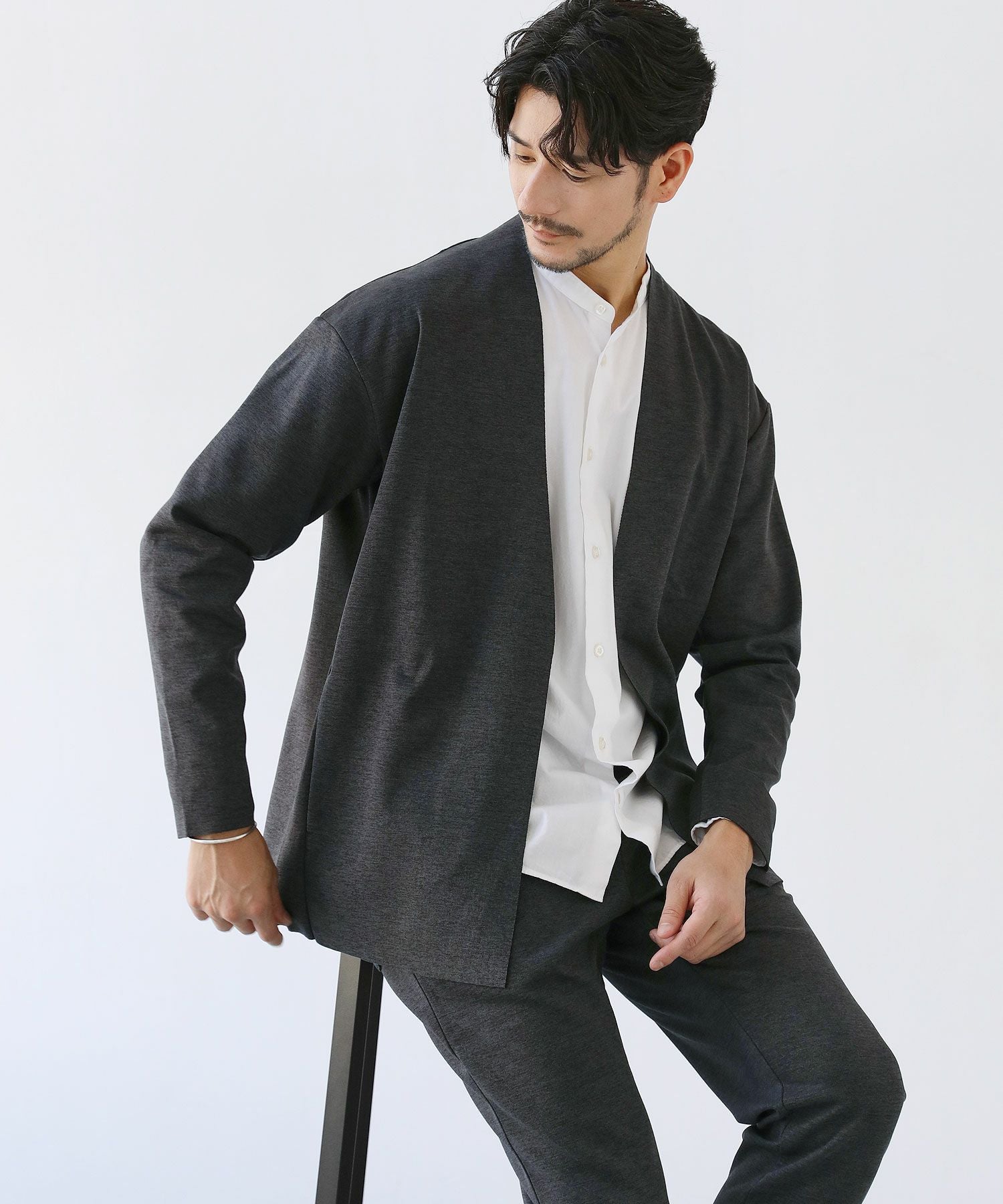 ピーチスキンポンチ/杢ポンチ ノーカラーカーディガン＆テーパード