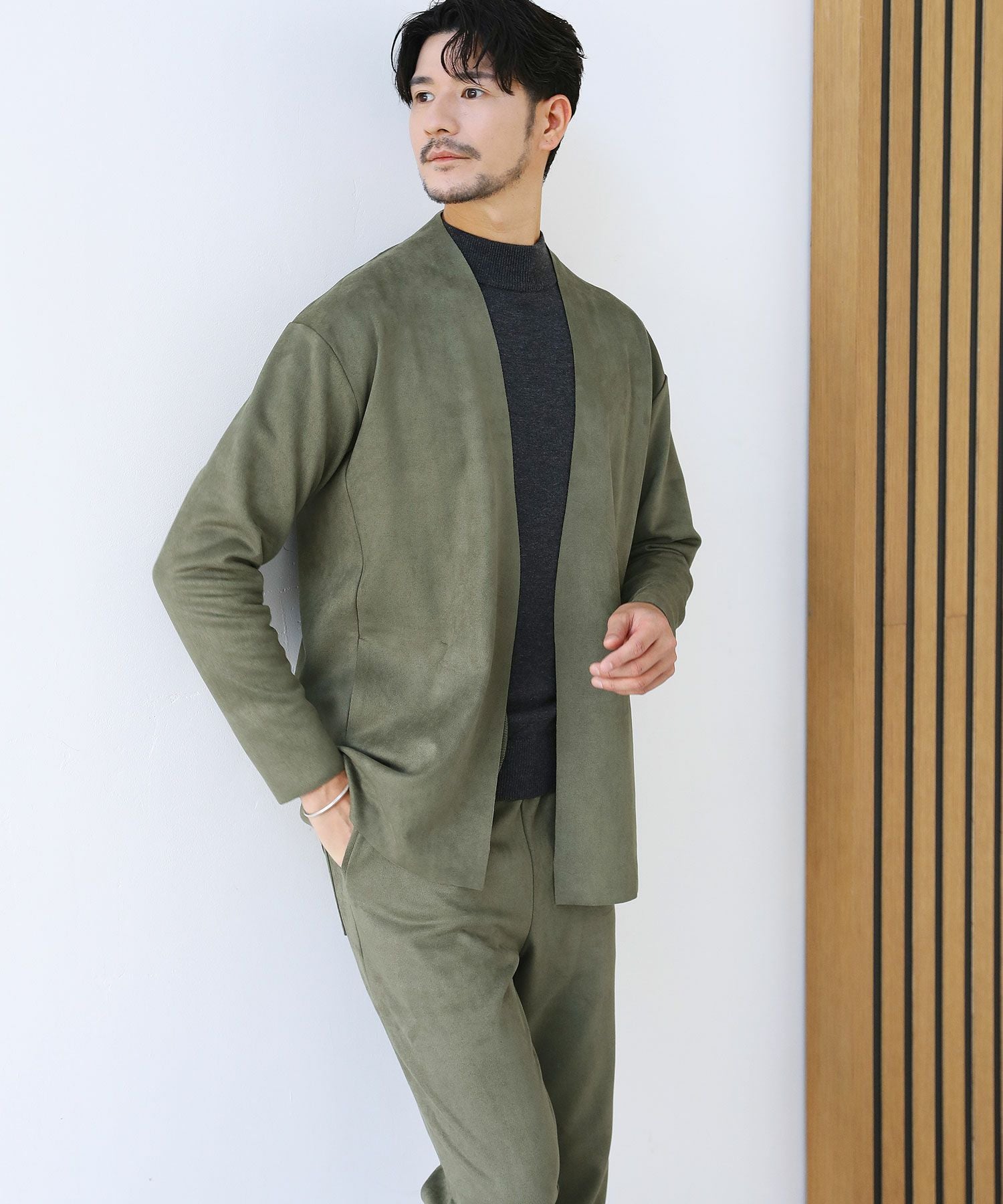 ピーチスキンポンチ/杢ポンチ ノーカラーカーディガン＆テーパード