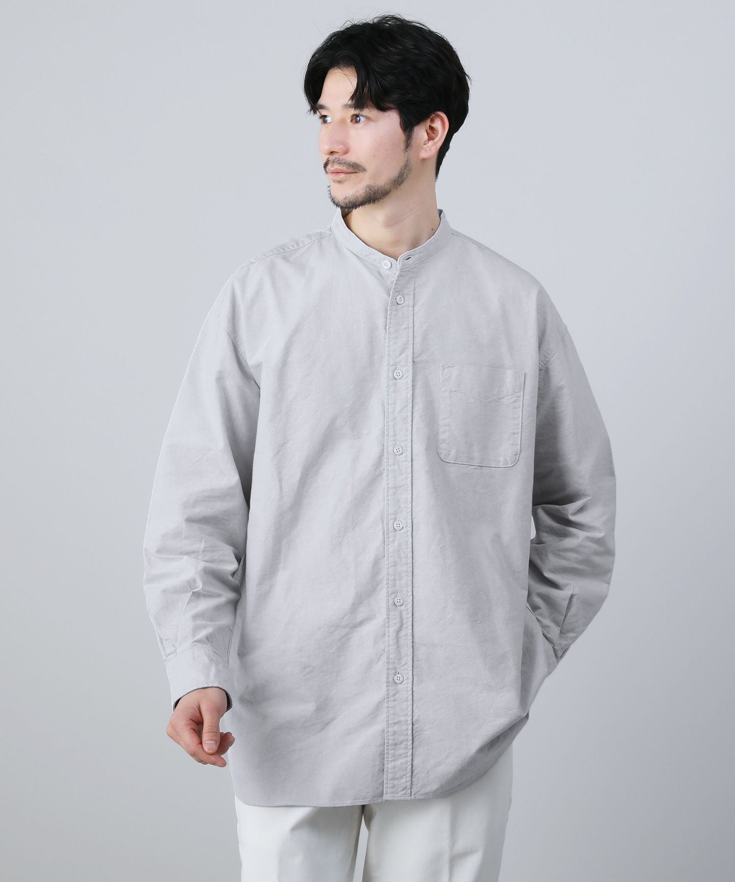 日本製播州織オックスフォードシャンブレーバンドカラー長袖ボクシーA