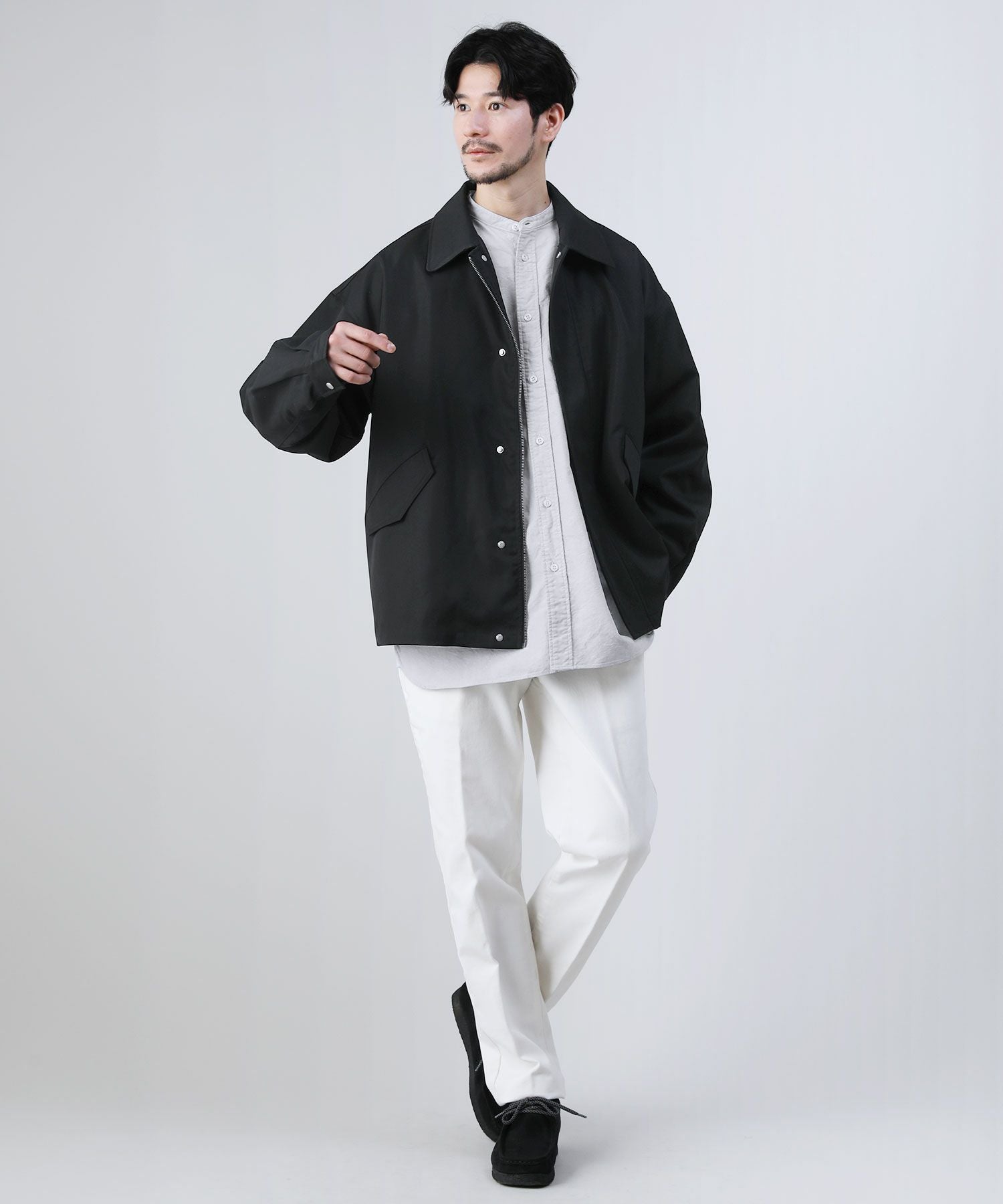 日本製播州織オックスフォードシャンブレーバンドカラー長袖ボクシーA