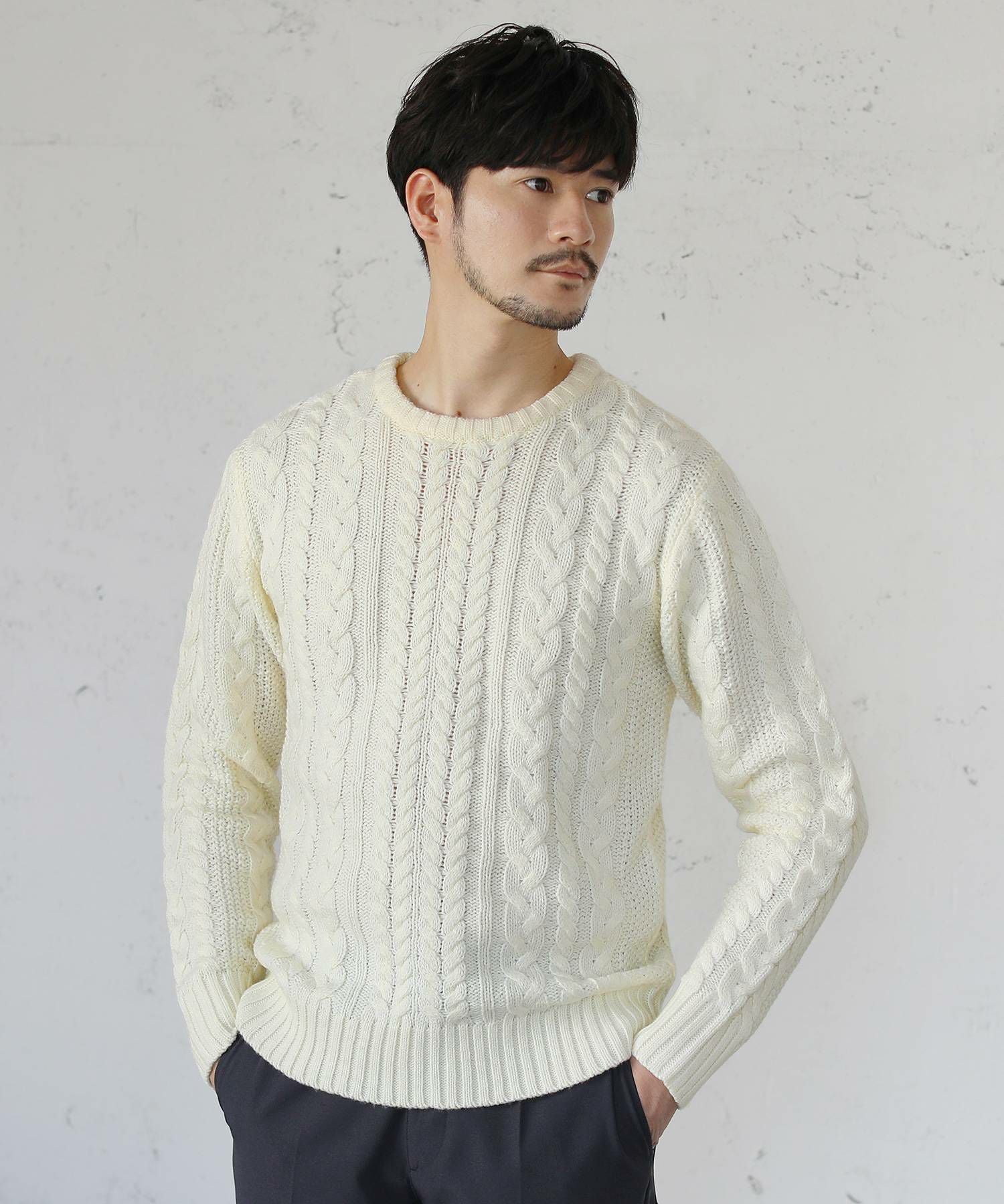 5GGアクリルフィッシャーマン総ケーブル編みクルーネックニット
