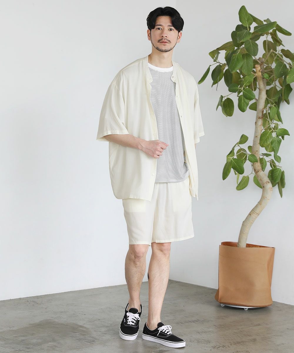 涼感レーヨン半袖バンドカラーシャツ＆ショートパンツセットアップ巾着