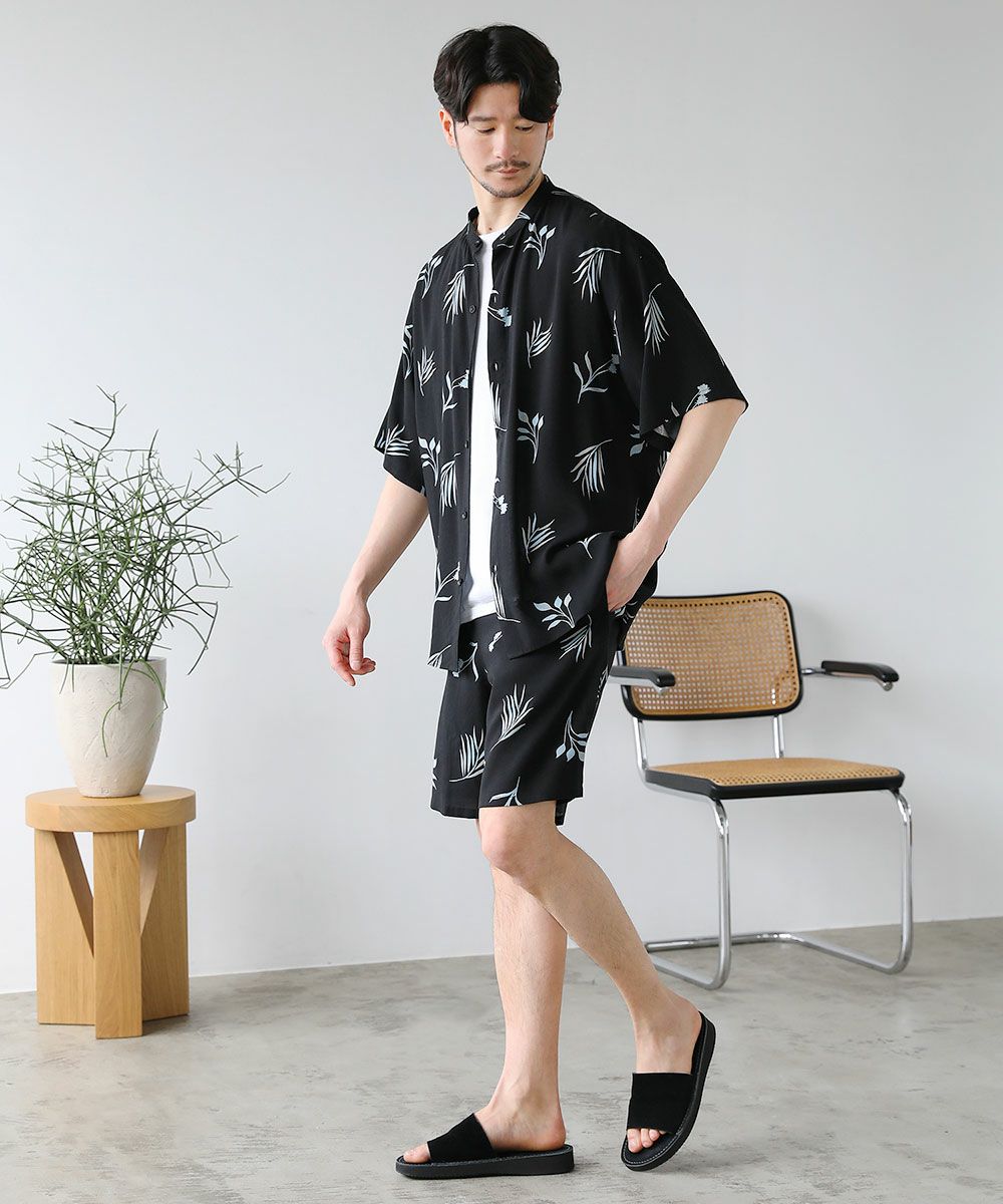 RHUDE 半袖シャツ＆ショートパンツ セット 涼感レーヨン半袖バンドカラーシャツ＆ショートパンツセットアップ巾着