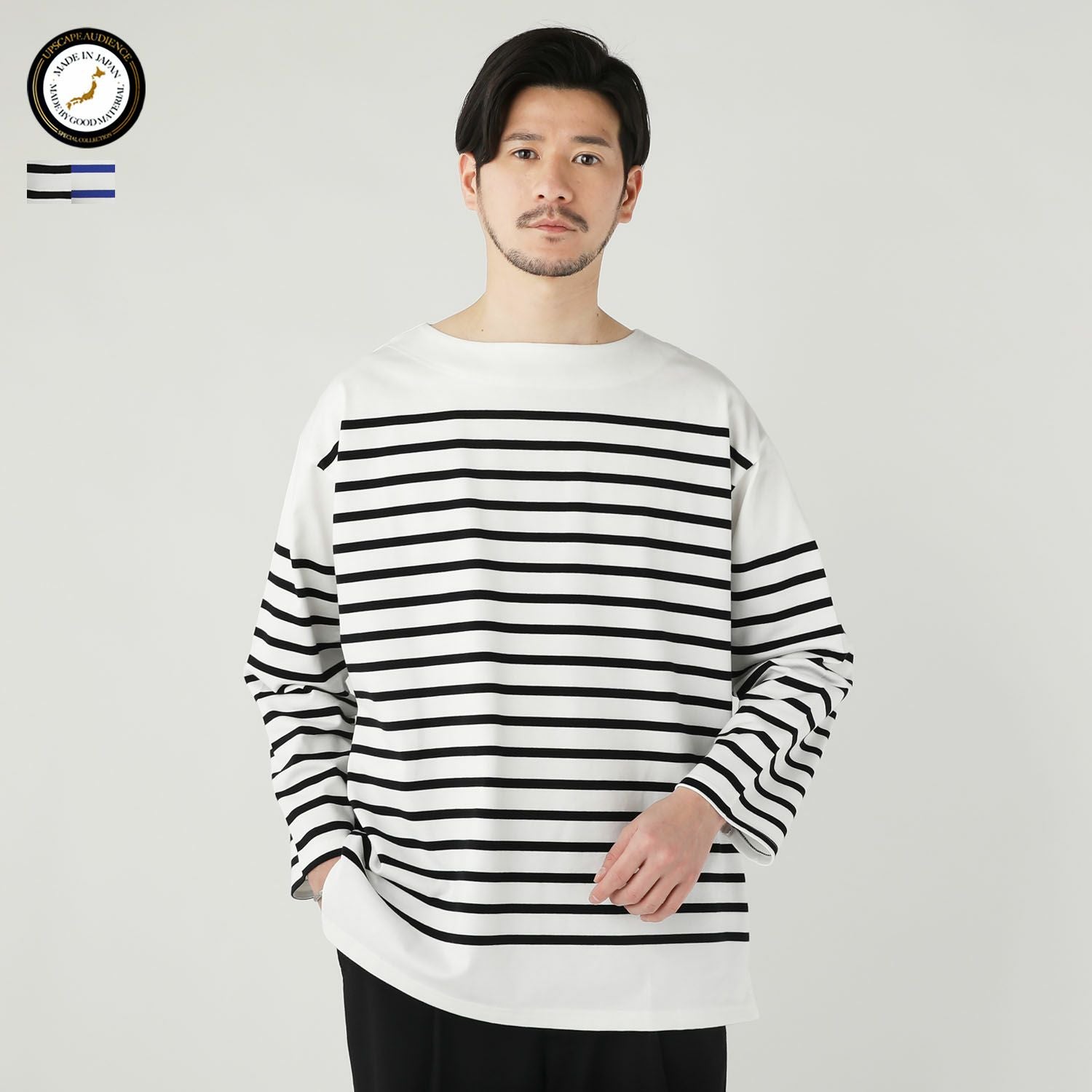 日本製尾州12オンスパネルボーダーボートネックボクシー長袖Tシャツ
