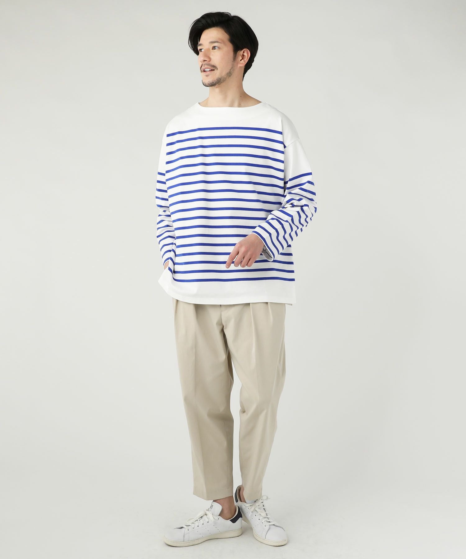 日本製尾州12オンスパネルボーダーボートネックボクシー長袖Tシャツ