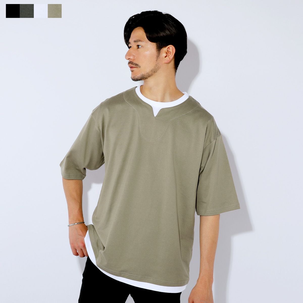 日本製スーパー度詰め天竺半袖ビッグレイヤードキーネックTシャツ