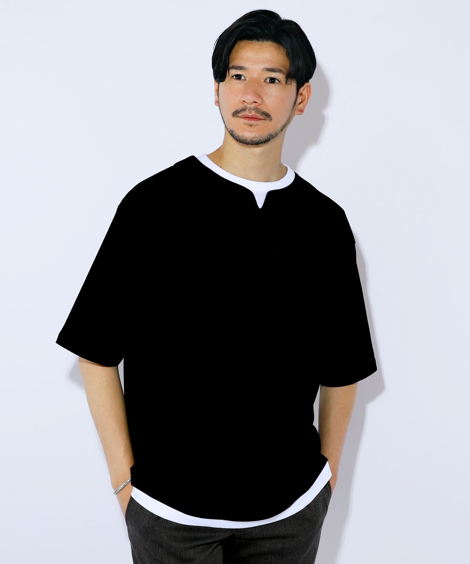 日本製スーパー度詰め天竺半袖ビッグレイヤードキーネックTシャツ