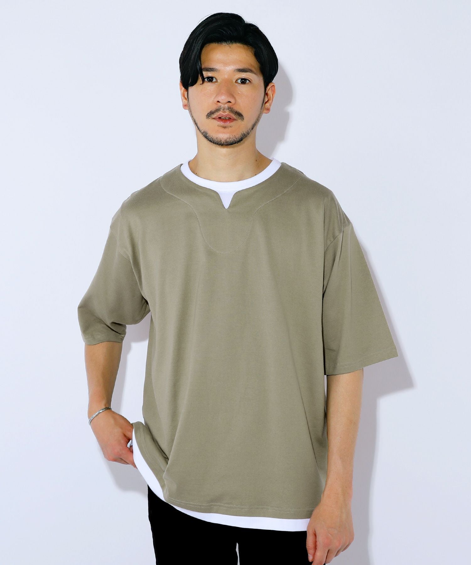 日本製スーパー度詰め天竺半袖ビッグレイヤードキーネックTシャツ