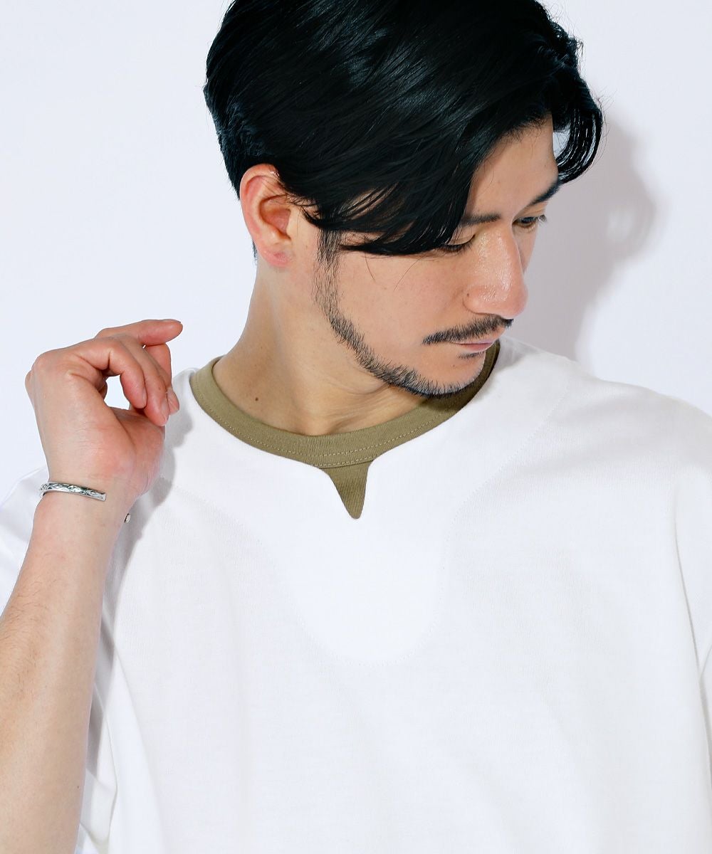 日本製スーパー度詰め天竺半袖ビッグレイヤードキーネックTシャツ