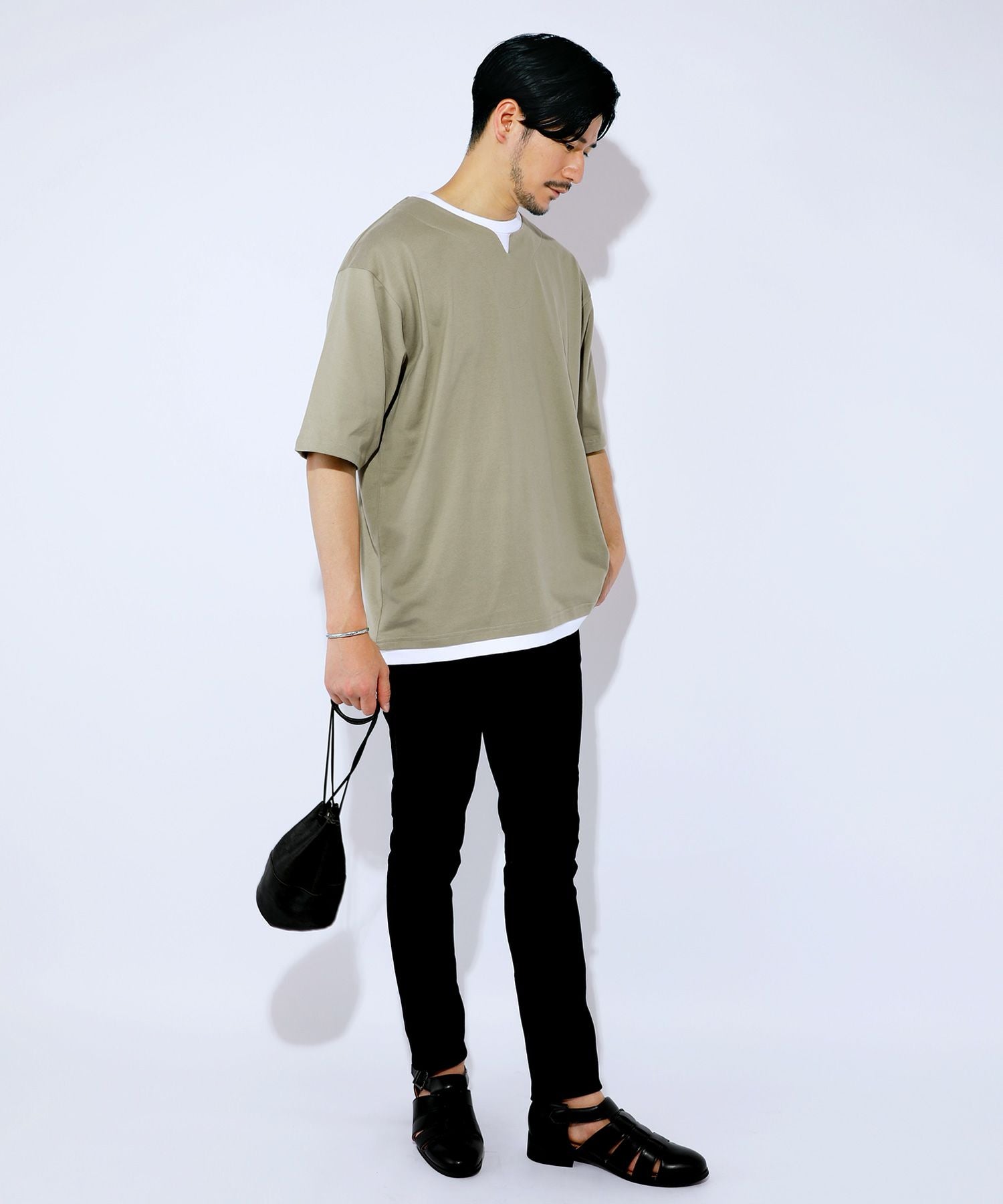 日本製スーパー度詰め天竺半袖ビッグレイヤードキーネックTシャツ