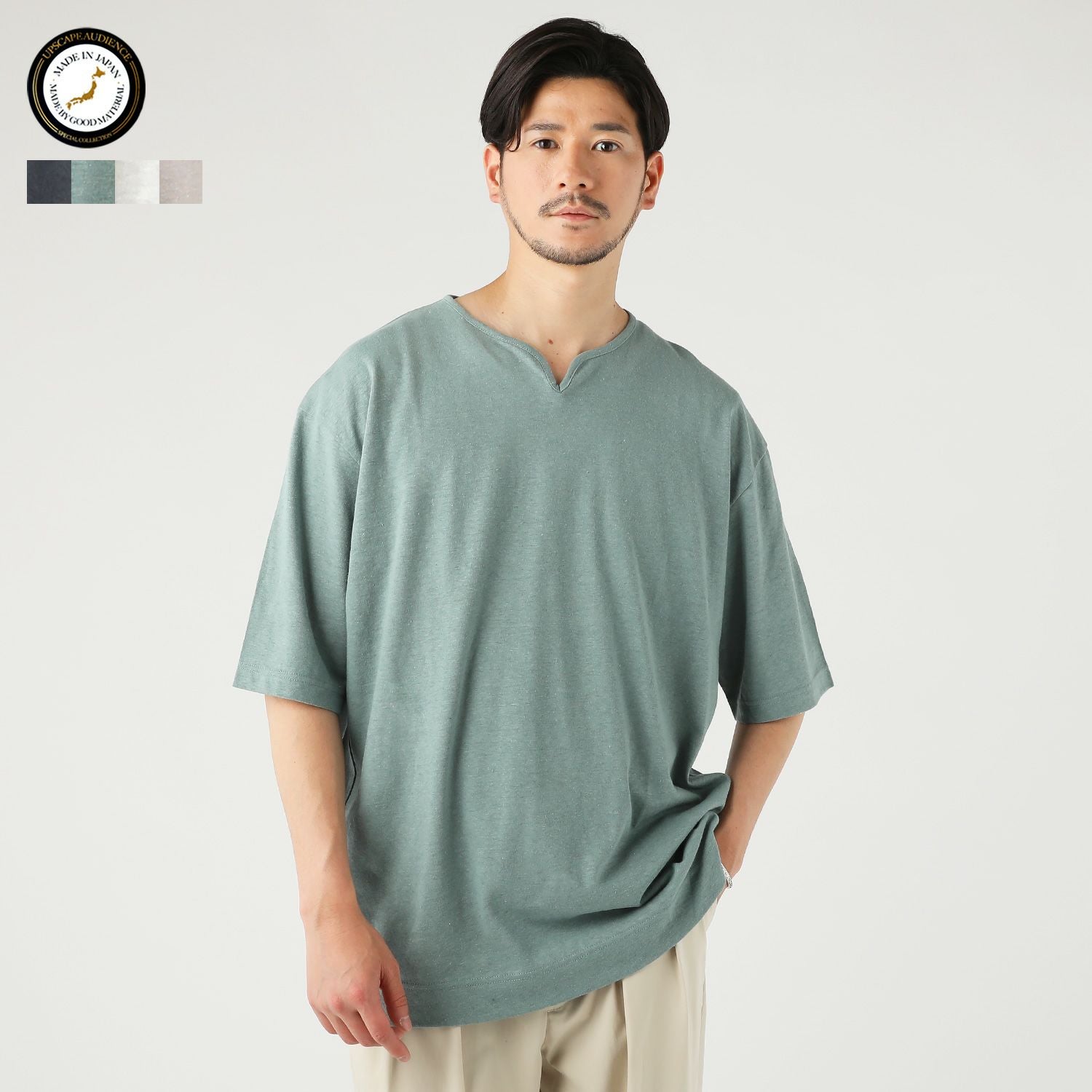 日本製PREMIERE LINEN(プレミアリネン)コットン天竺 キーネック 半袖T