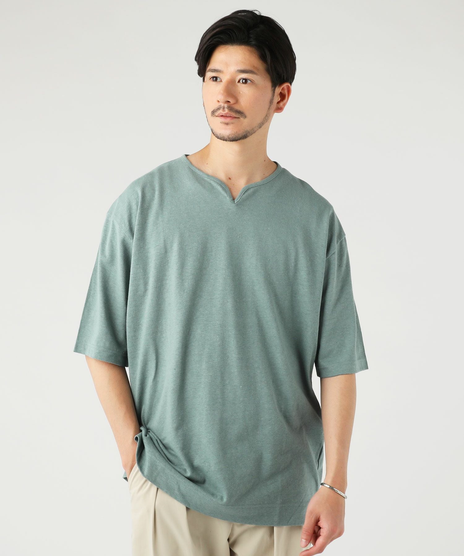 日本製PREMIERE LINEN(プレミアリネン)コットン天竺 キーネック 半袖T