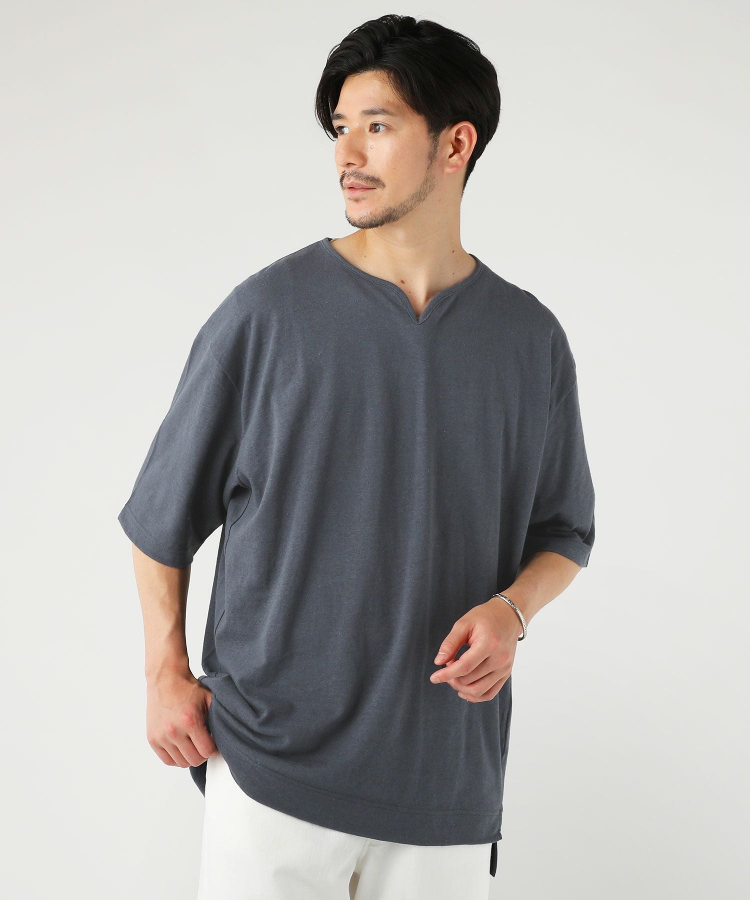 日本製PREMIERE LINEN(プレミアリネン)コットン天竺 キーネック 半袖T
