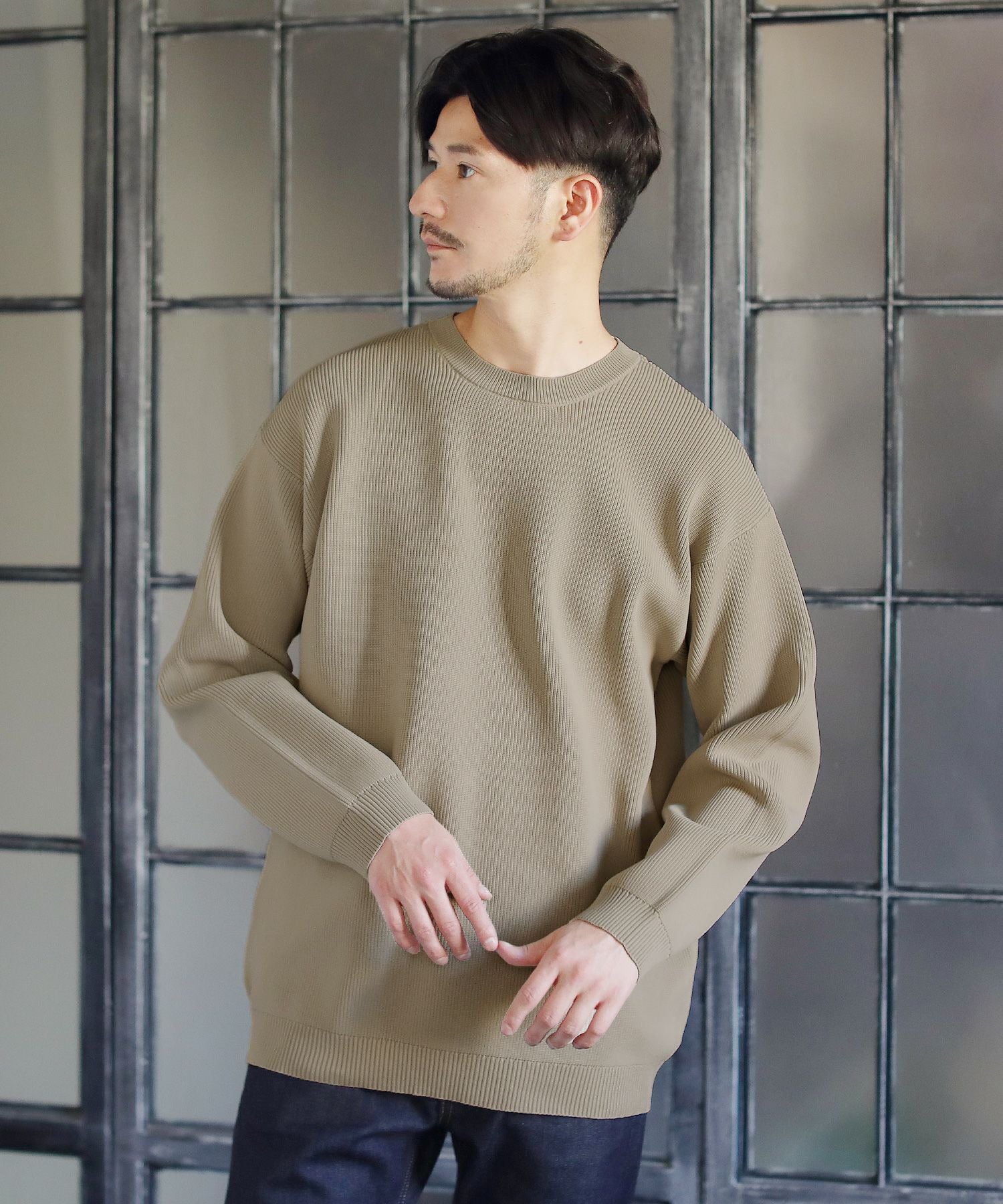 4WAYストレッチウォッシャブルリブ編み長袖クルーネックニット