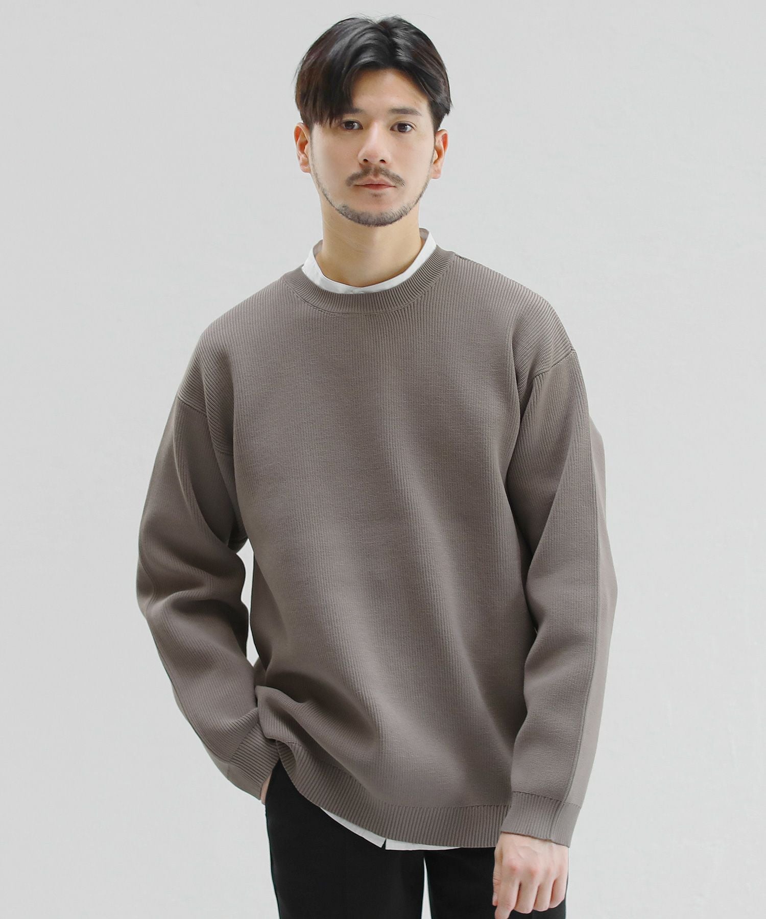 4WAYストレッチウォッシャブルリブ編み長袖クルーネックニット