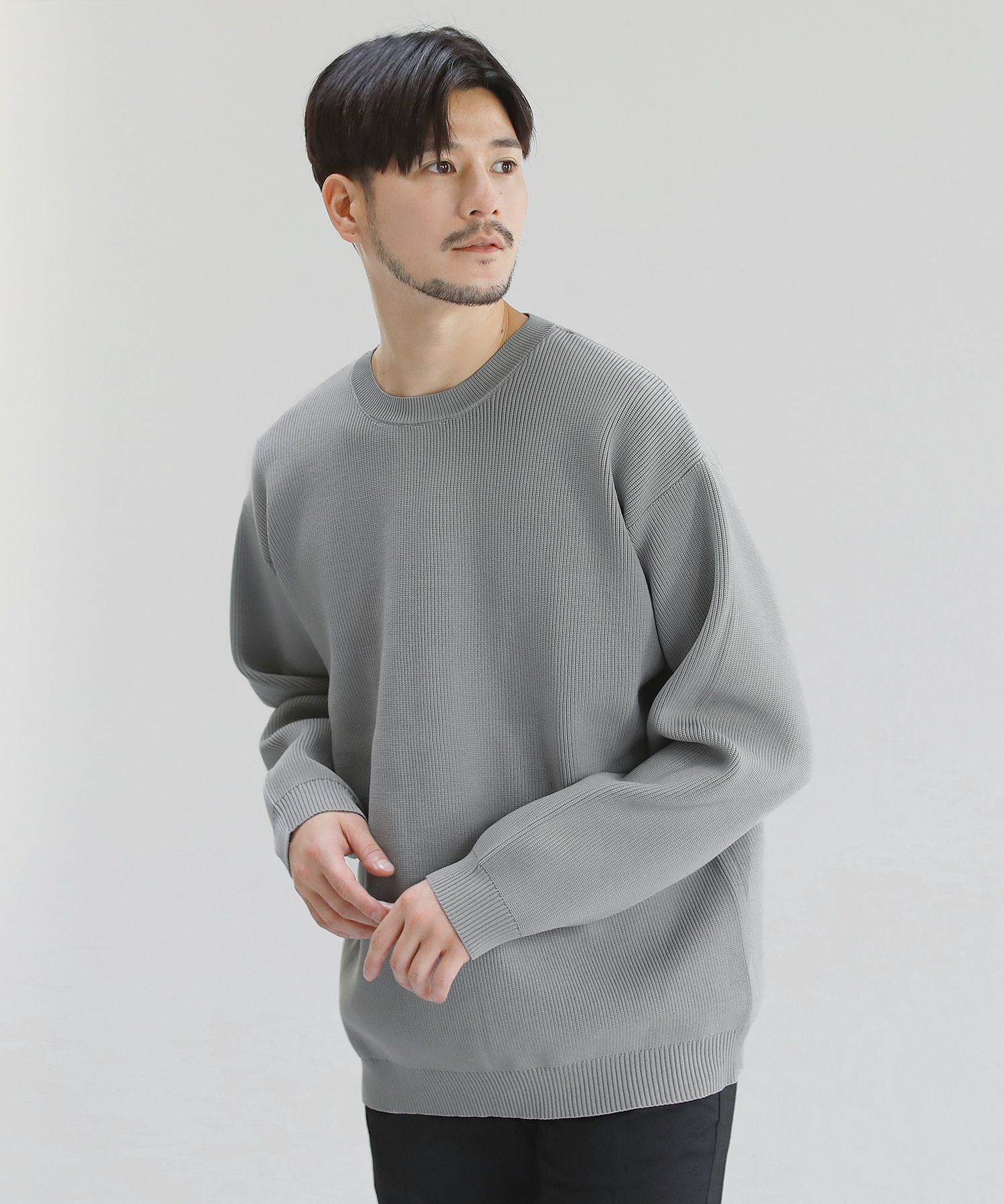 4WAYストレッチウォッシャブルリブ編み長袖クルーネックニット