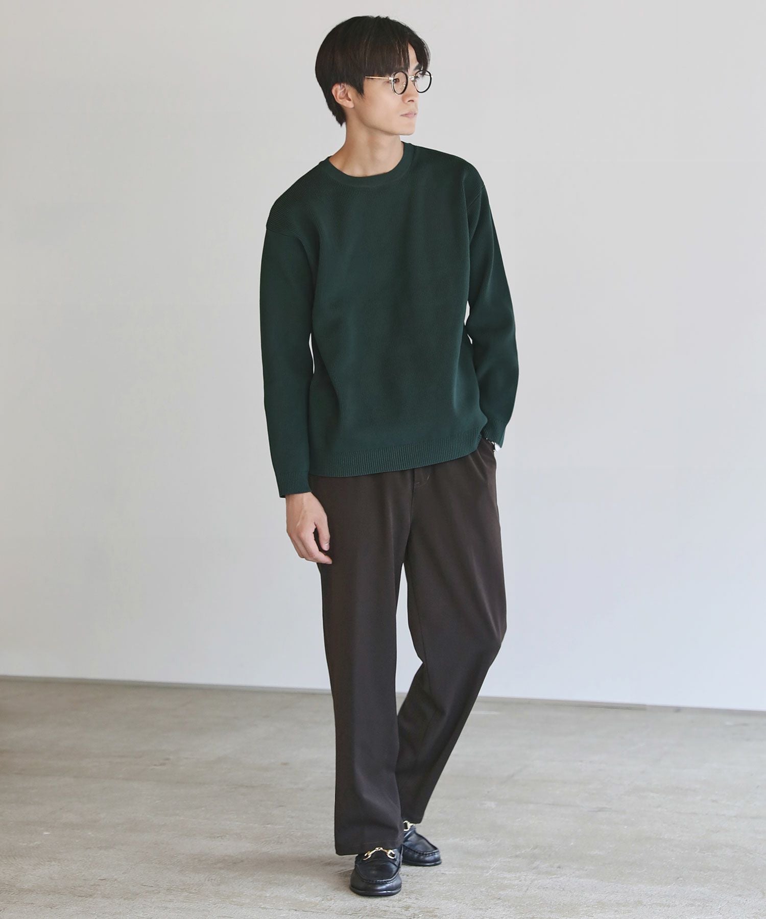 4WAYストレッチウォッシャブルリブ編み長袖クルーネックニット