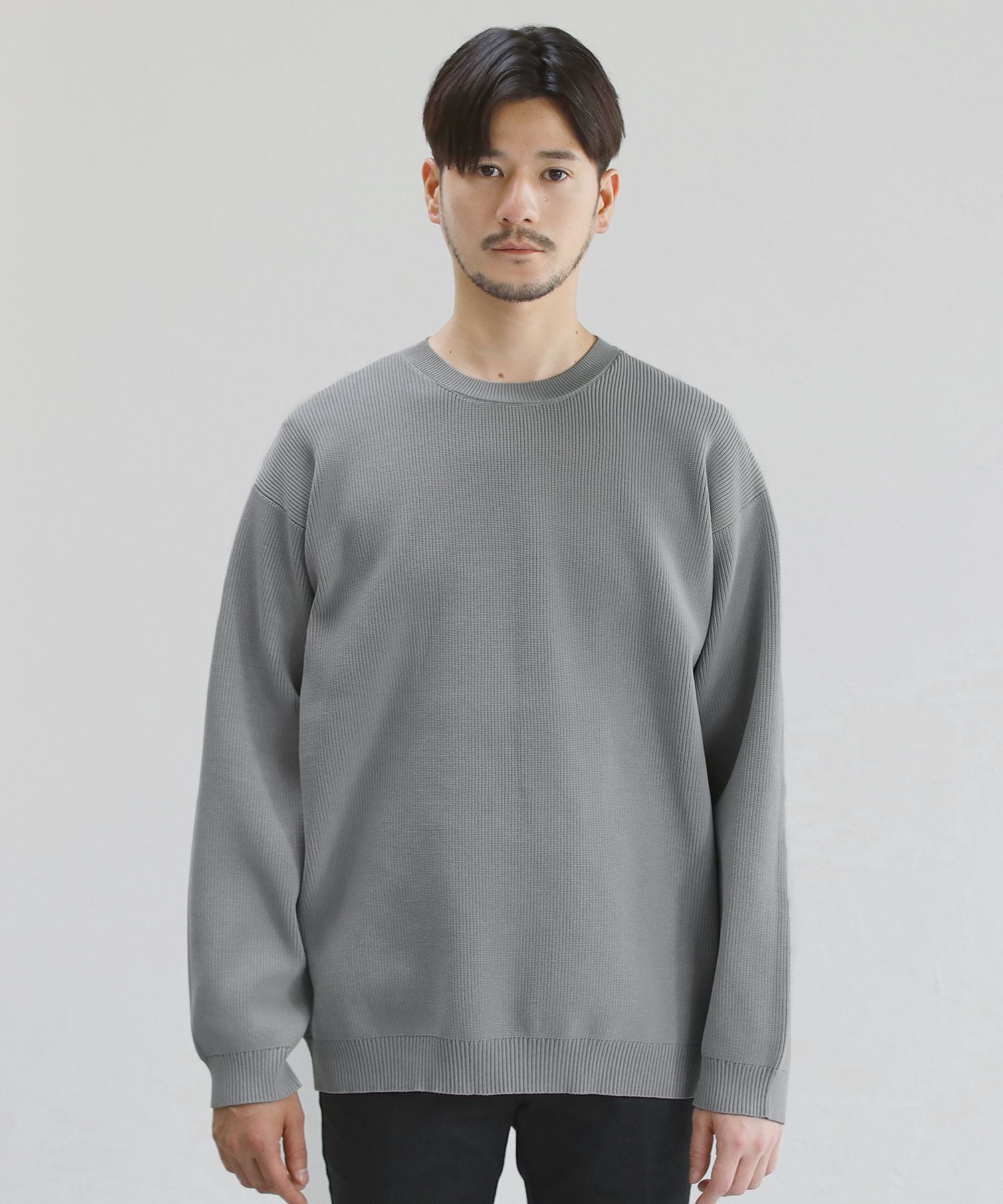 4WAYストレッチウォッシャブルリブ編み長袖クルーネックニット