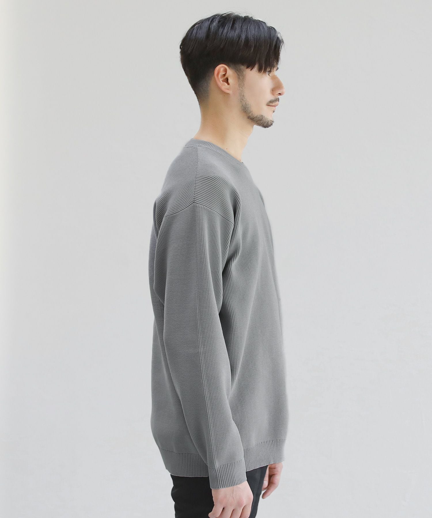 4WAYストレッチウォッシャブルリブ編み長袖クルーネックニット