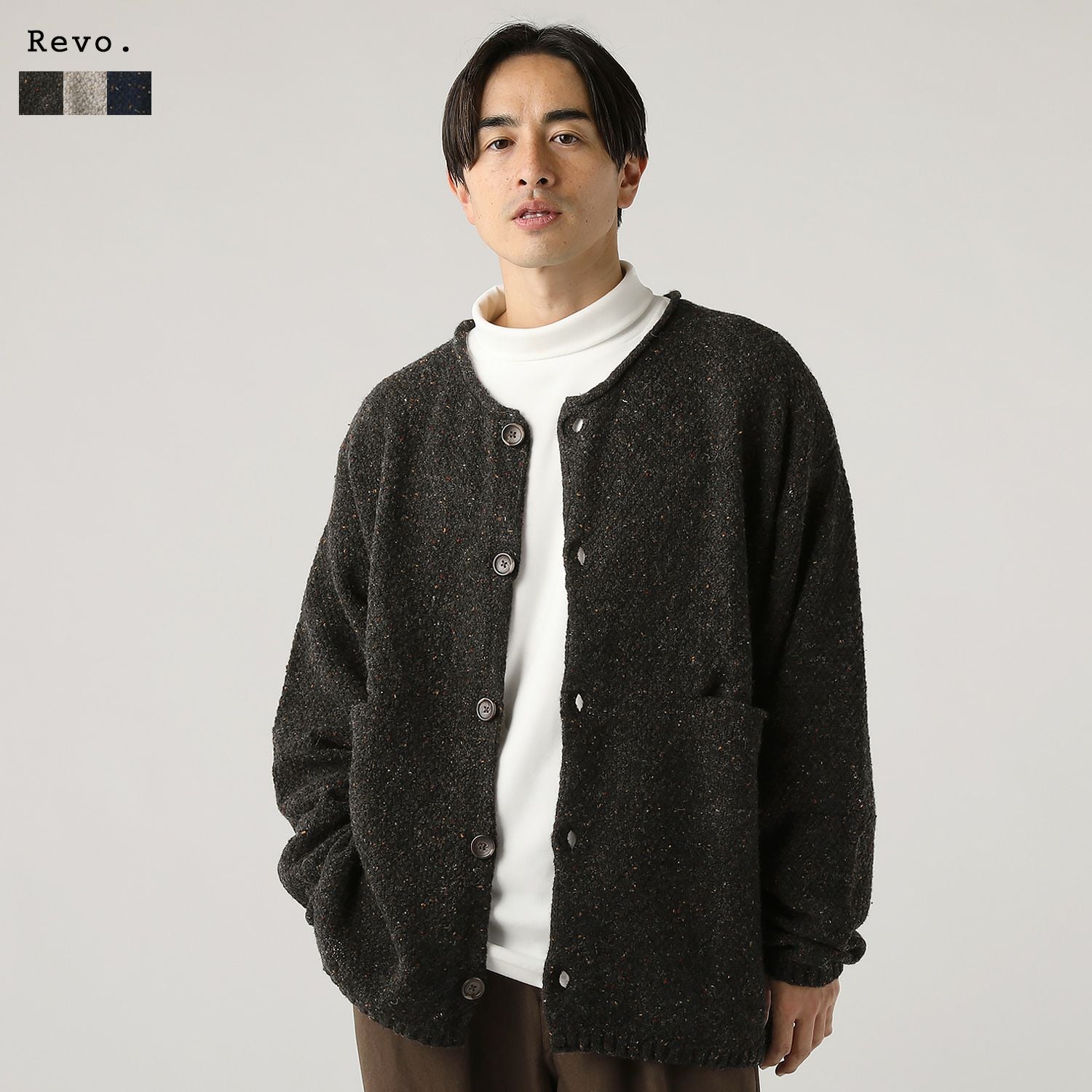 ウール混5G鹿の子編みカラーネップクルーネックカーディガン | 【公式