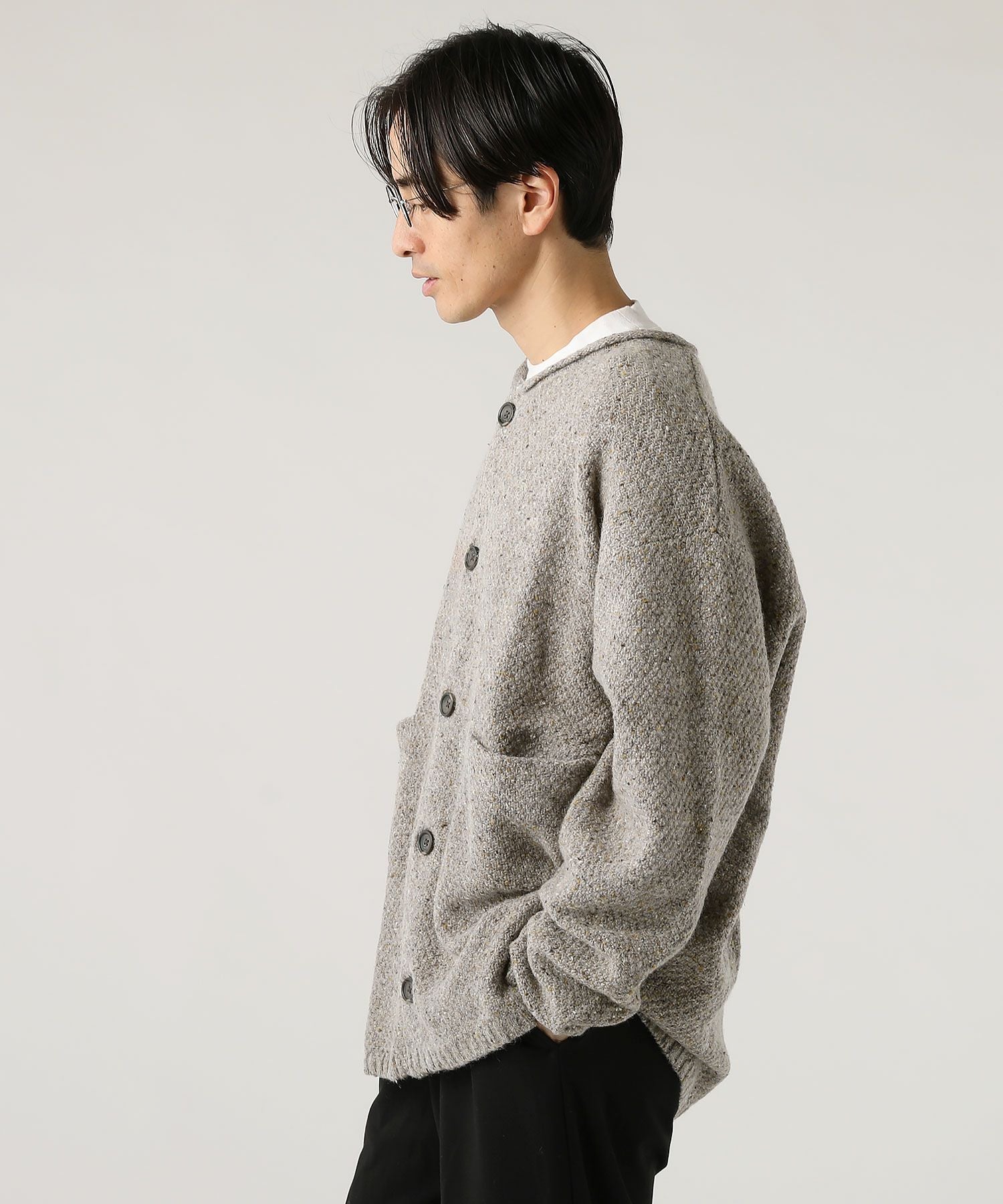 ウール混5G鹿の子編みカラーネップクルーネックカーディガン | 【公式