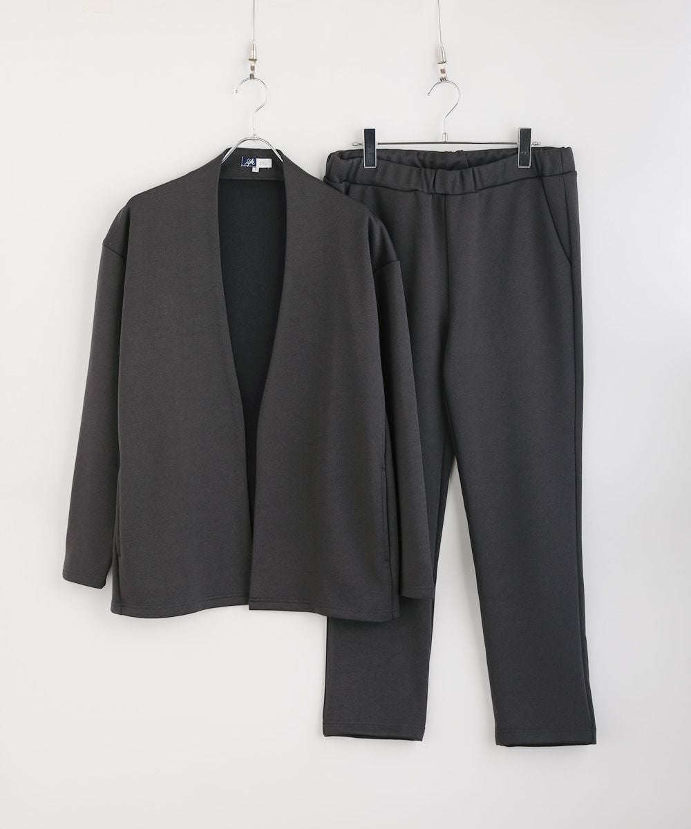 スプートニクス　ダークグレー ノーカラージャケット・パンツ・ニット　セットアップ ハイストレッチリラクシングノーカラージャケット＆イージーテーパード