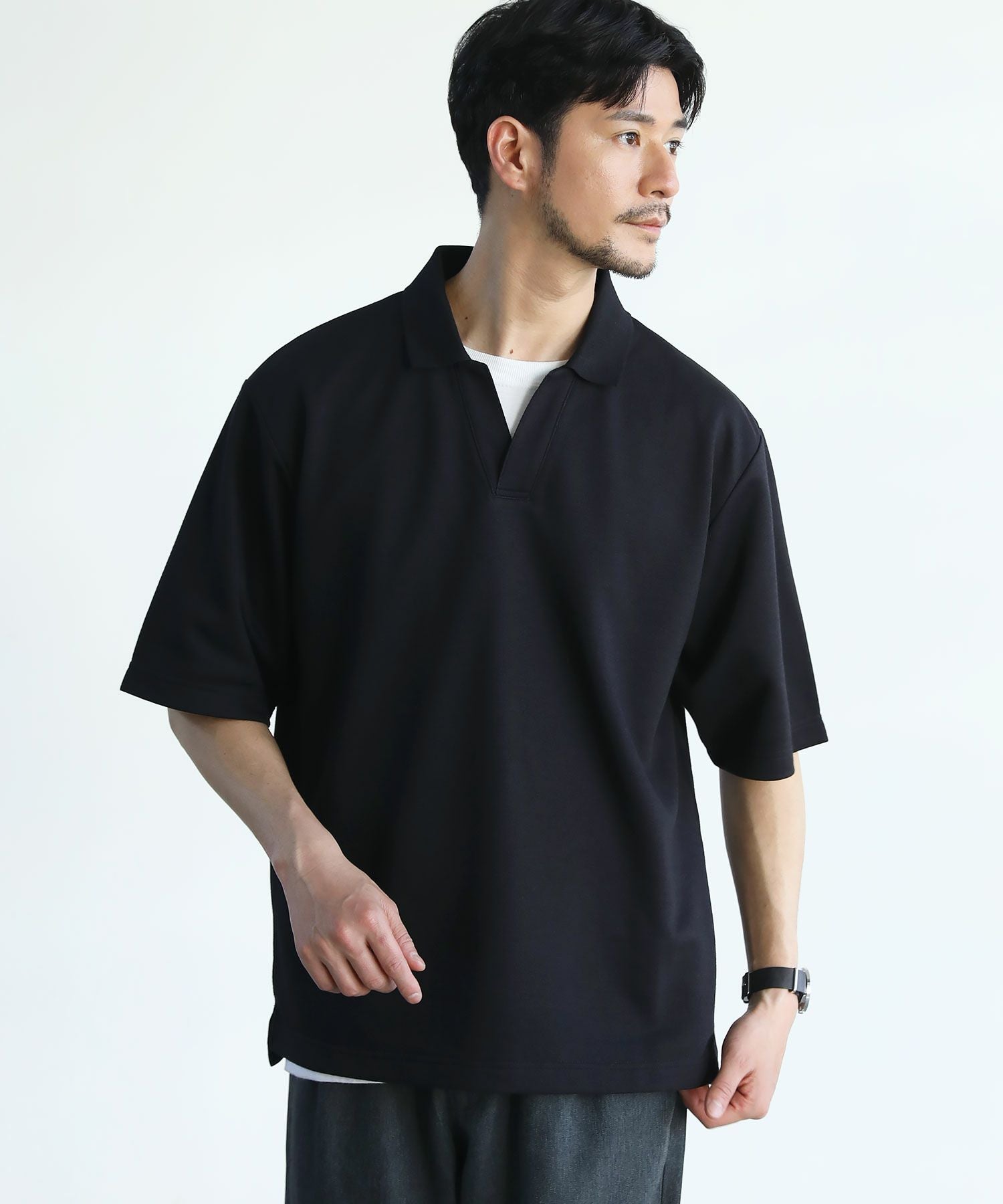 抗菌防臭＆接触冷感ルーズシルエットダブルフェイス鹿の子半袖スキッパ