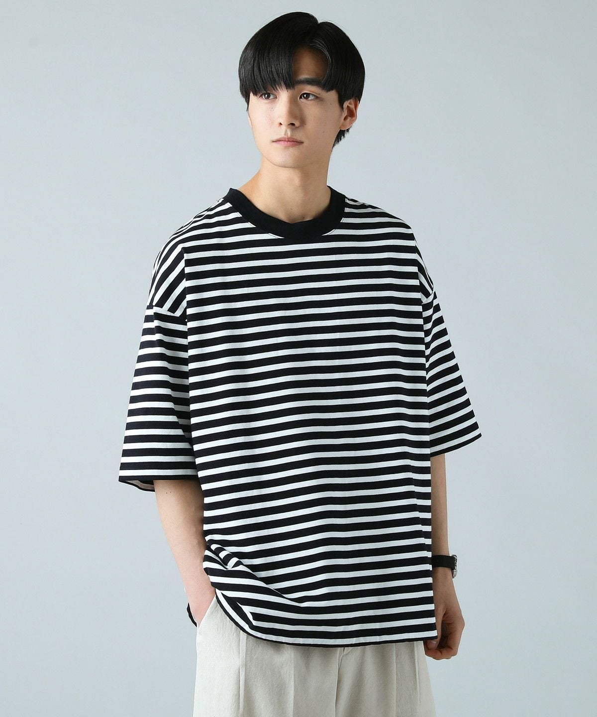 日本製MVSヘビーウェイトオーバーサイズドローコード付き半袖ボーダーT