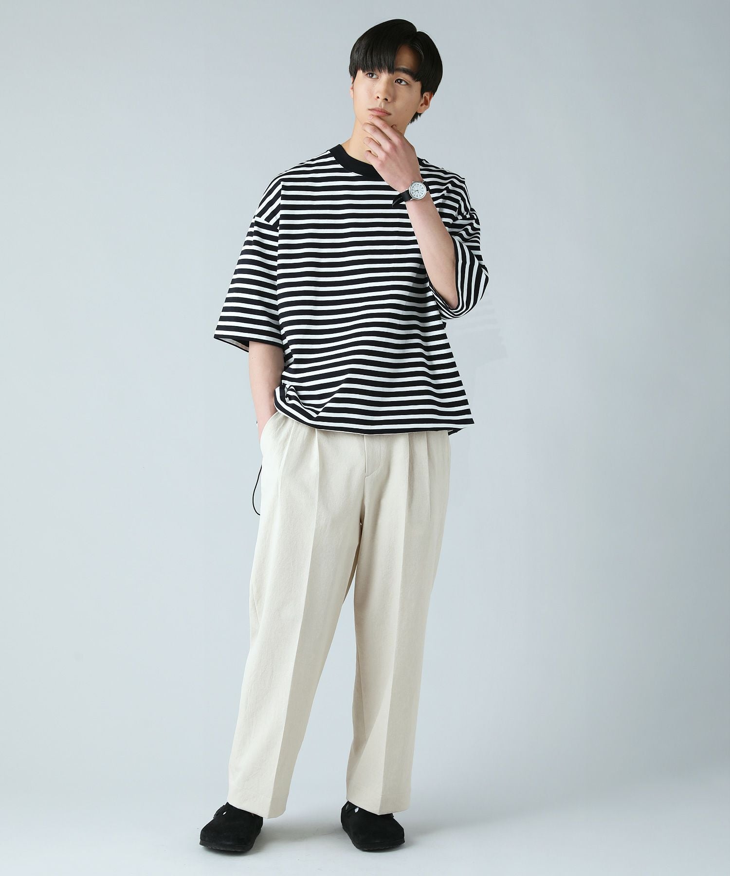 日本製MVSヘビーウェイトオーバーサイズドローコード付き半袖ボーダーT