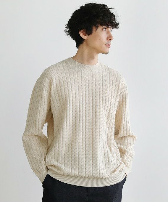 ストレッチウォッシャブルブロックリンクス編み長袖クルーネックニット