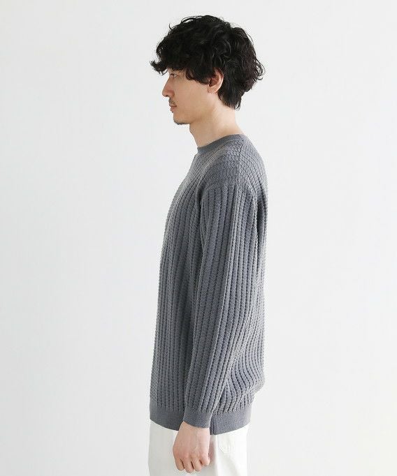 ストレッチウォッシャブルブロックリンクス編み長袖クルーネックニット