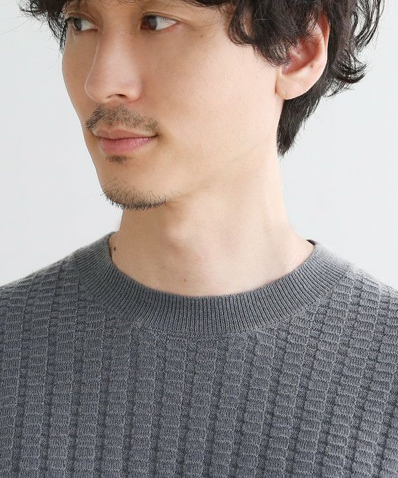 ストレッチウォッシャブルブロックリンクス編み長袖クルーネックニット
