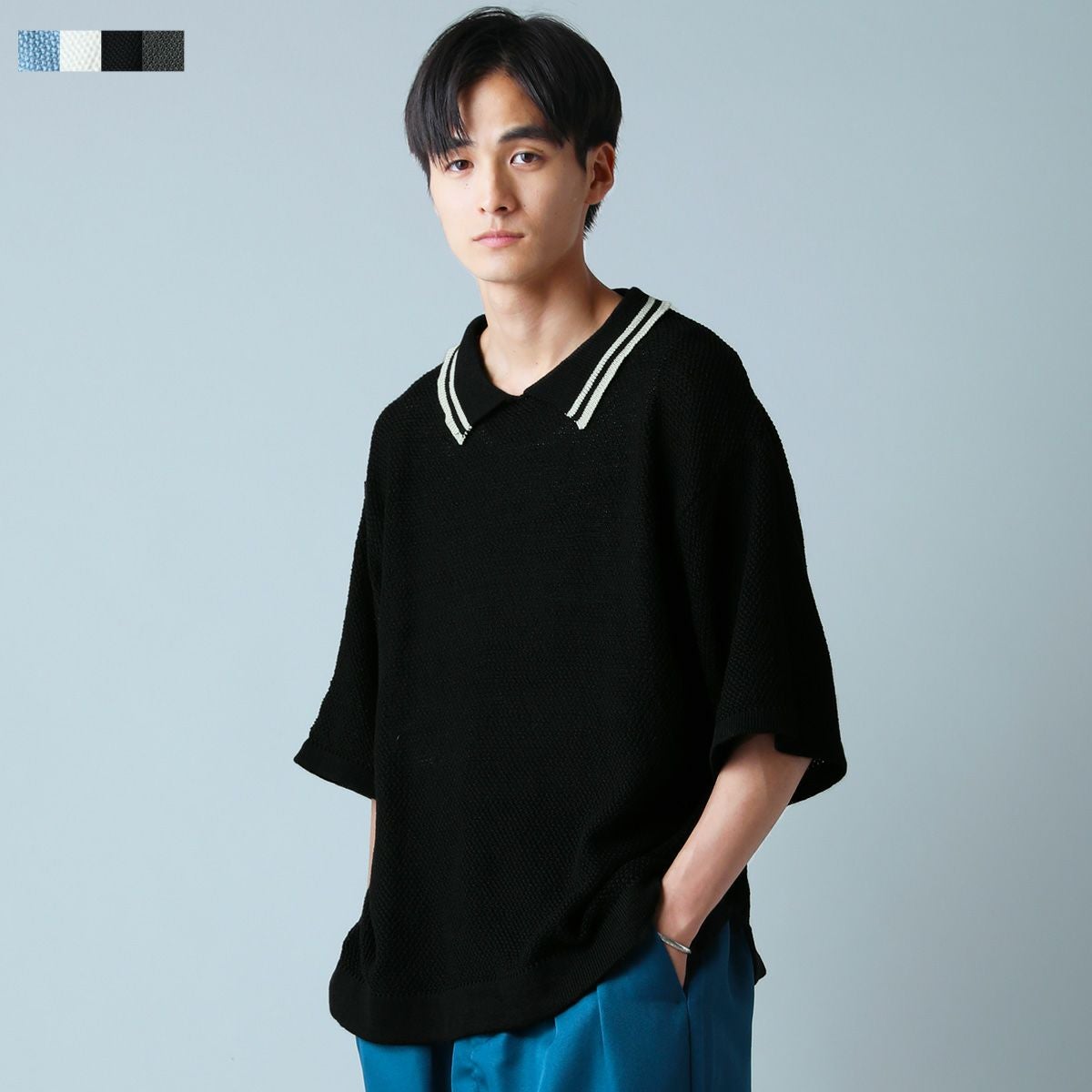 NODU ケーブル編みショートスリーブポロシャツ L ブラック NODU ケーブル編みショートスリーブポロシャツ L ブラックの通販 by