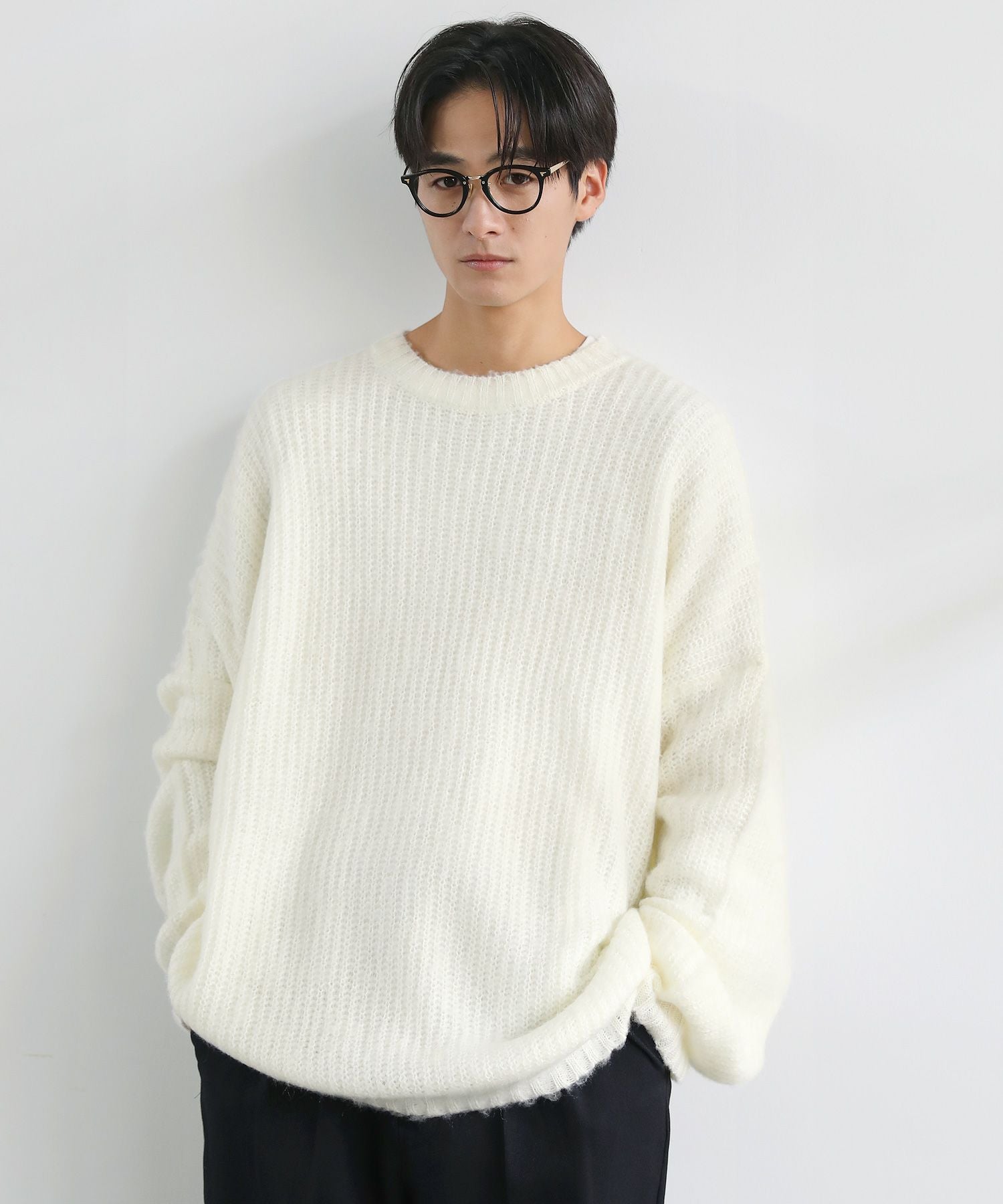 モヘアライクオーバーサイズドルマンスリーブ長袖クルーネックニット