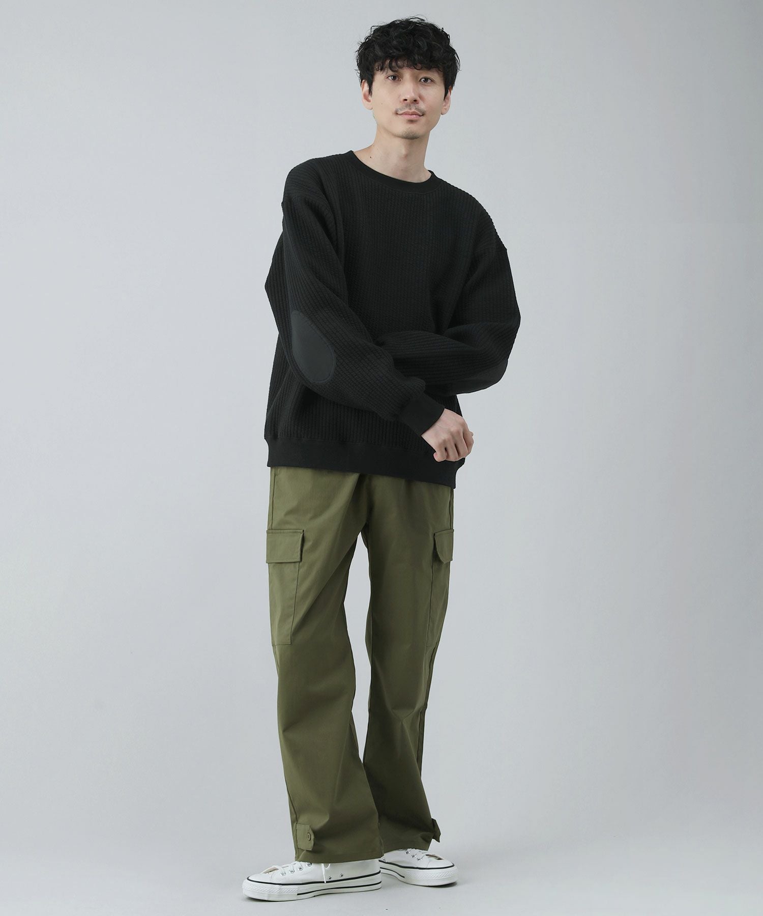 日本製尾州コットンキルトエルボーパッチクルーネックスウェット