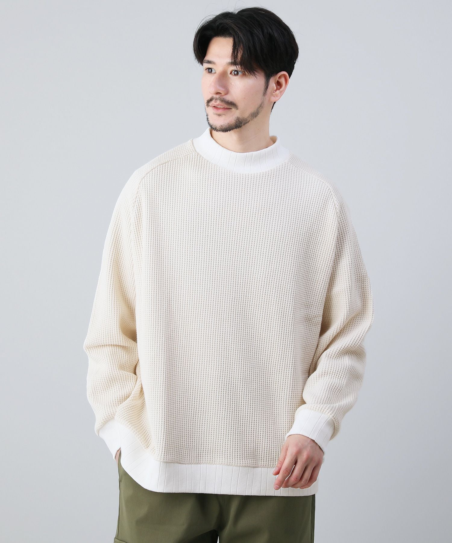 日本製ビッグワッフルサドルショルダーモックネックXLニットソー